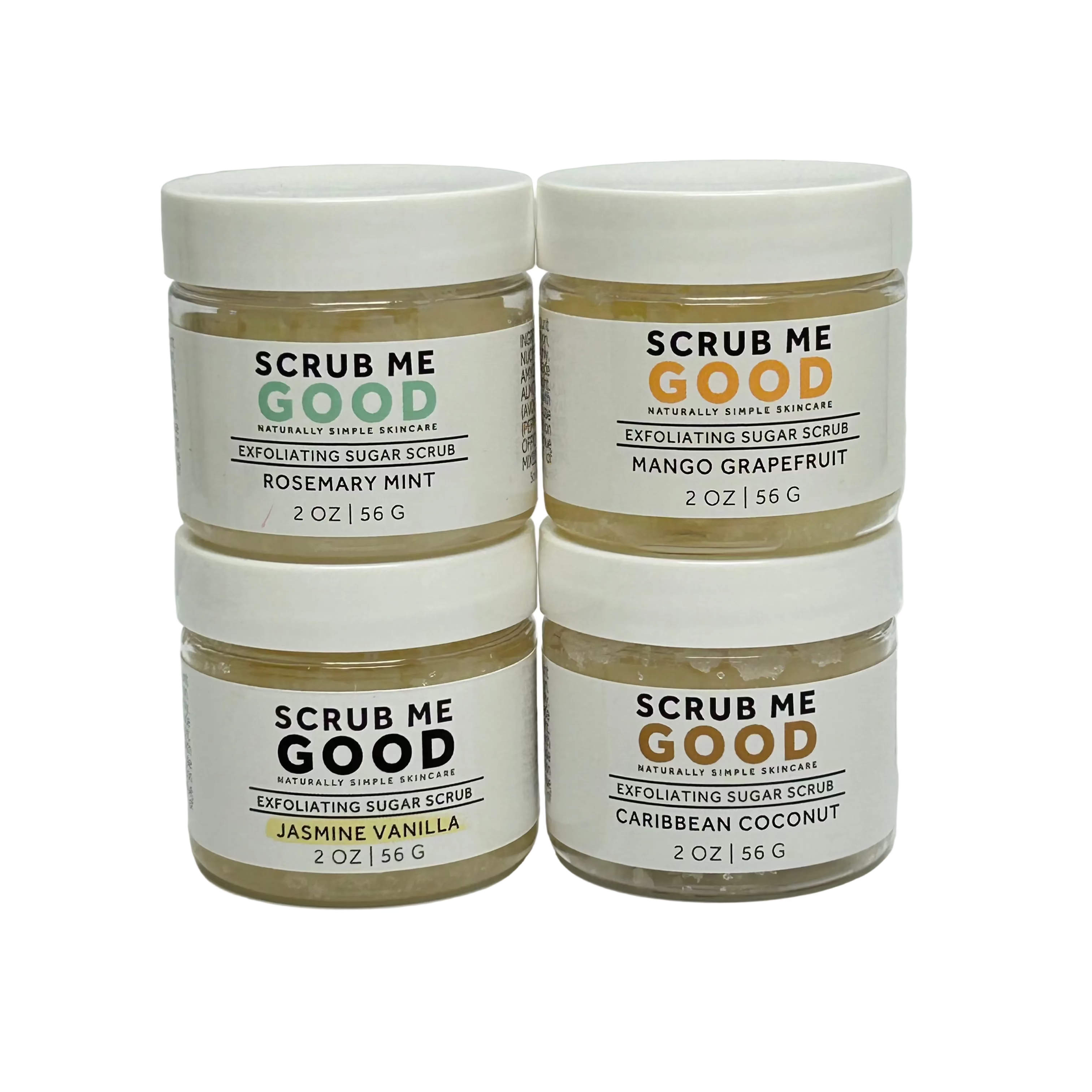 4 Scrub Me Good exfoliating sugar scrub Jars on white backround