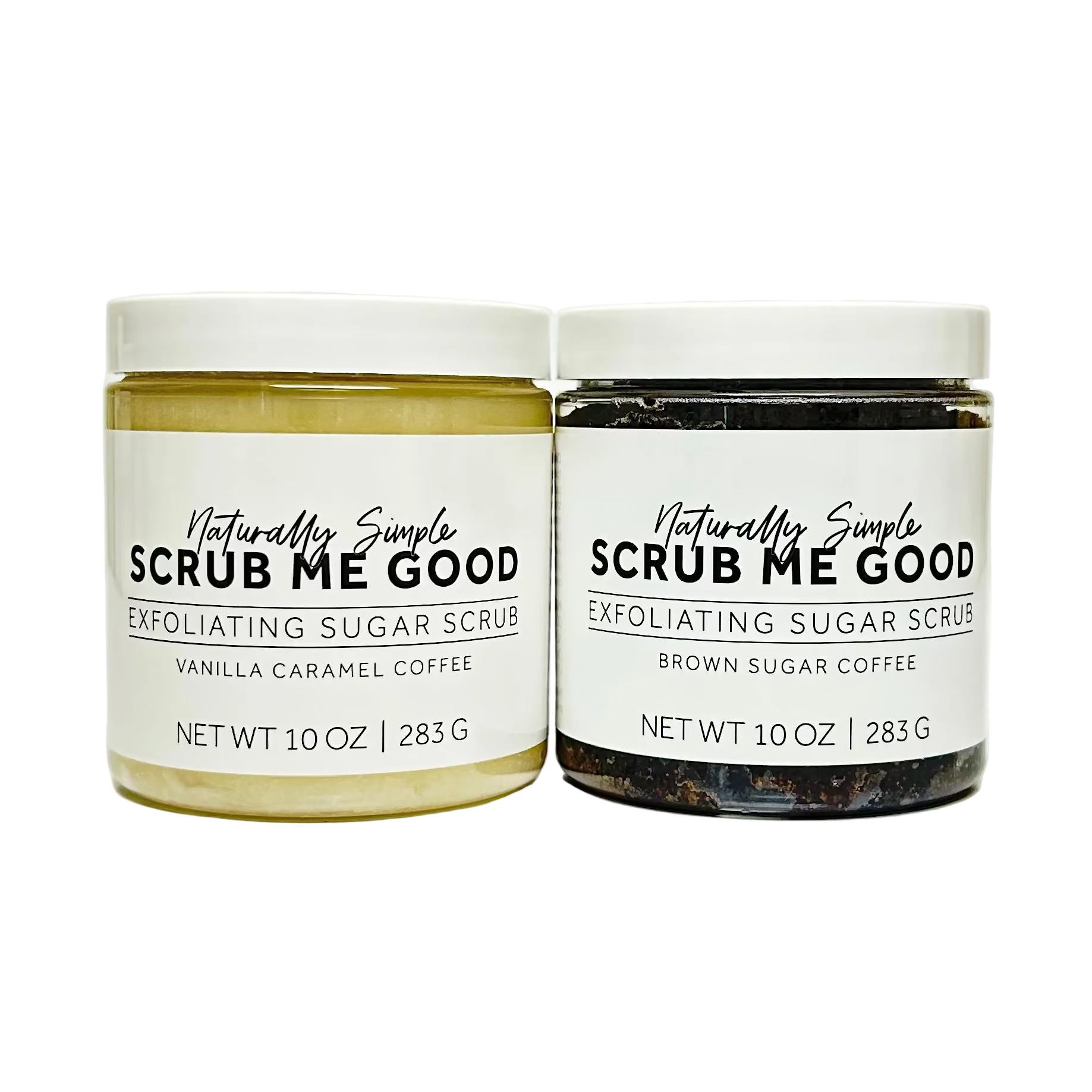 Two jars of 'Scrub Me Good' exfoliating sugar scrubs on a white background