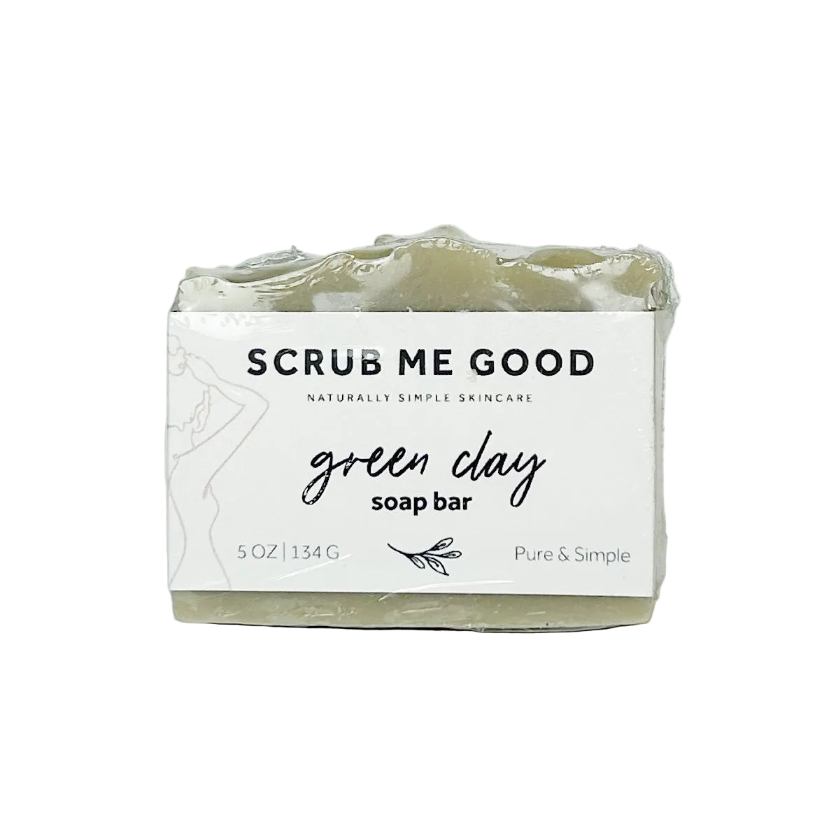 Green clay soap bar with 'Scrub Me Good' packaging on a white background