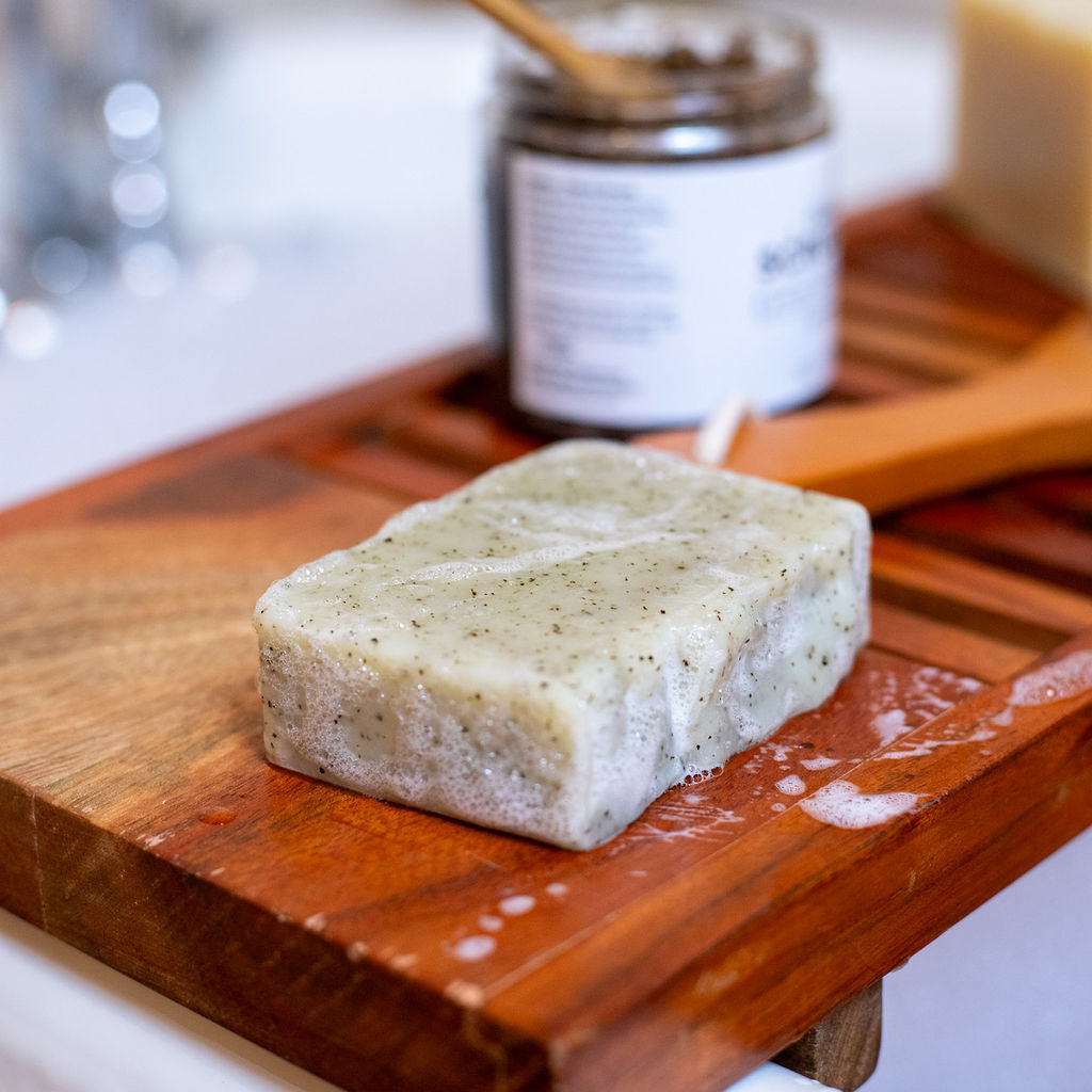 Side View of Unwrapped Peppermint Soap Bar – shown without packaging, ships shrink-wrapped