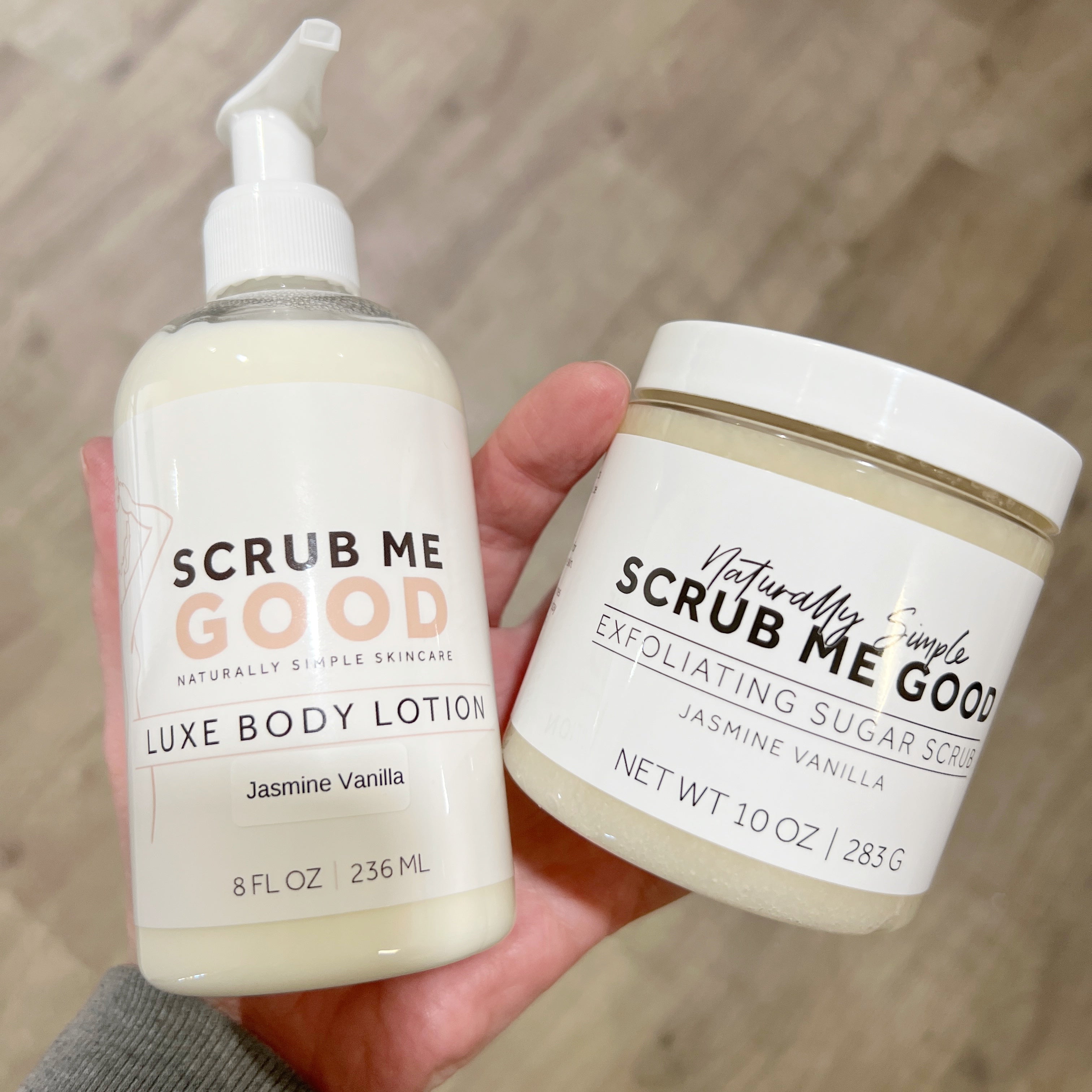Jasmine Vanilla Exfoliating Sugar Scrub and matching luxe body lotion by Scrub Me Good