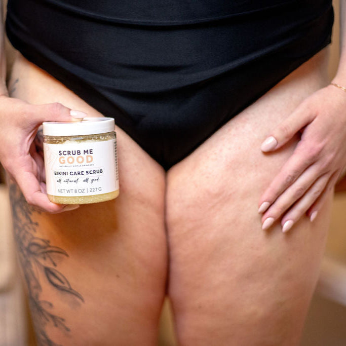 woman holding scrub me good bikini care scrub down by bikini area
