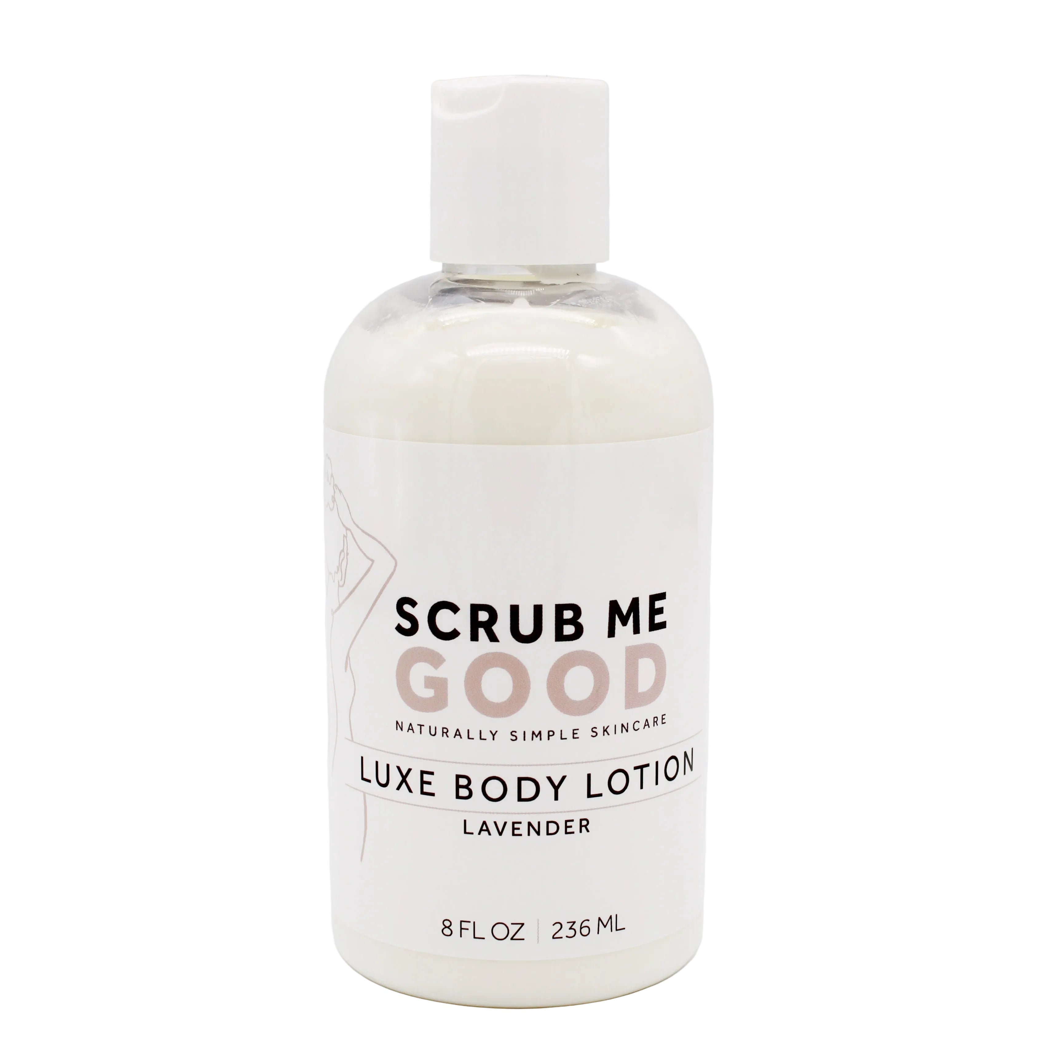 Bottle of Scrub Me Good luxe body lotion in scent Lavender on a white background