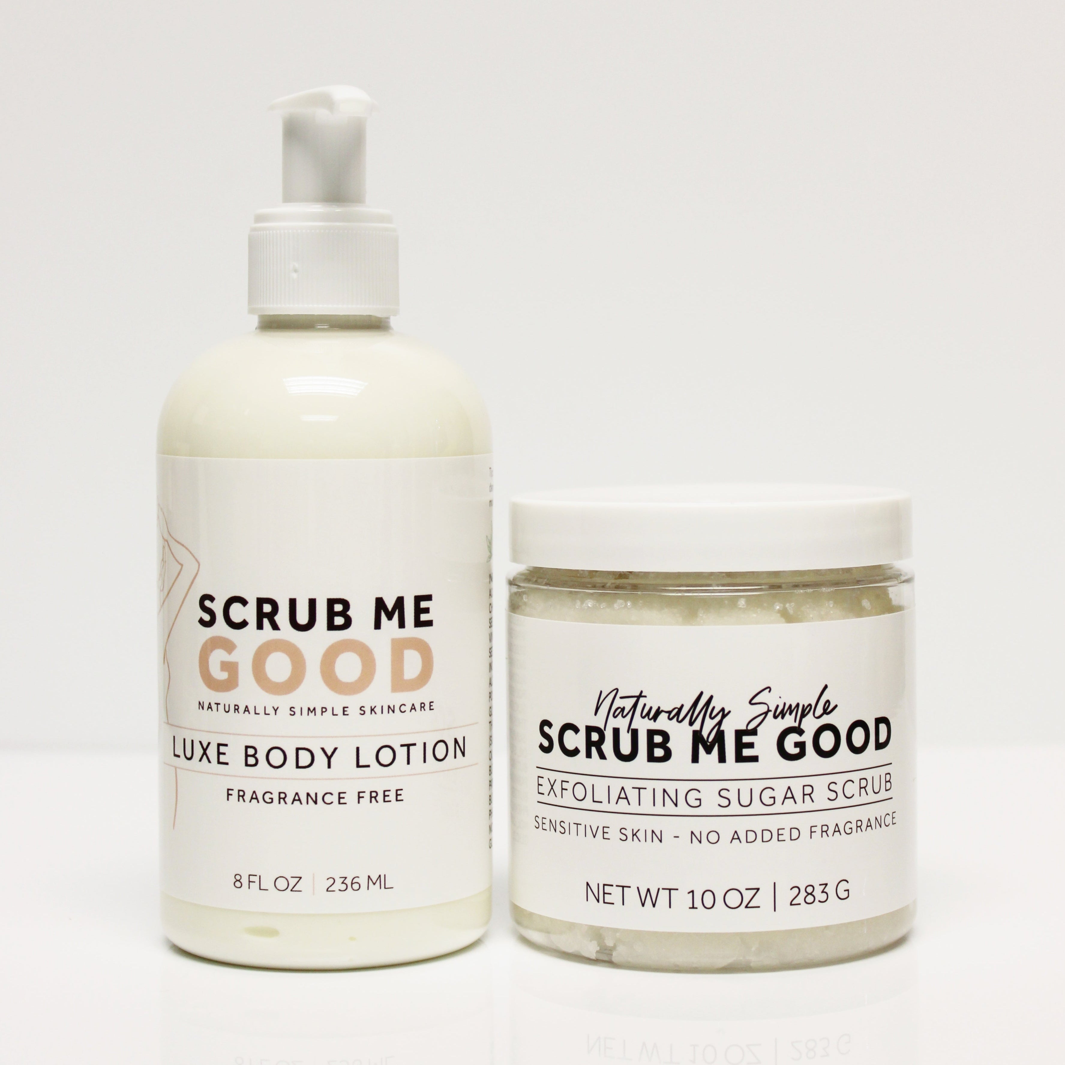 Fragrance Free Luxe Body lotion and Sensitive Skin Exfoliating sugar scrub on white backround