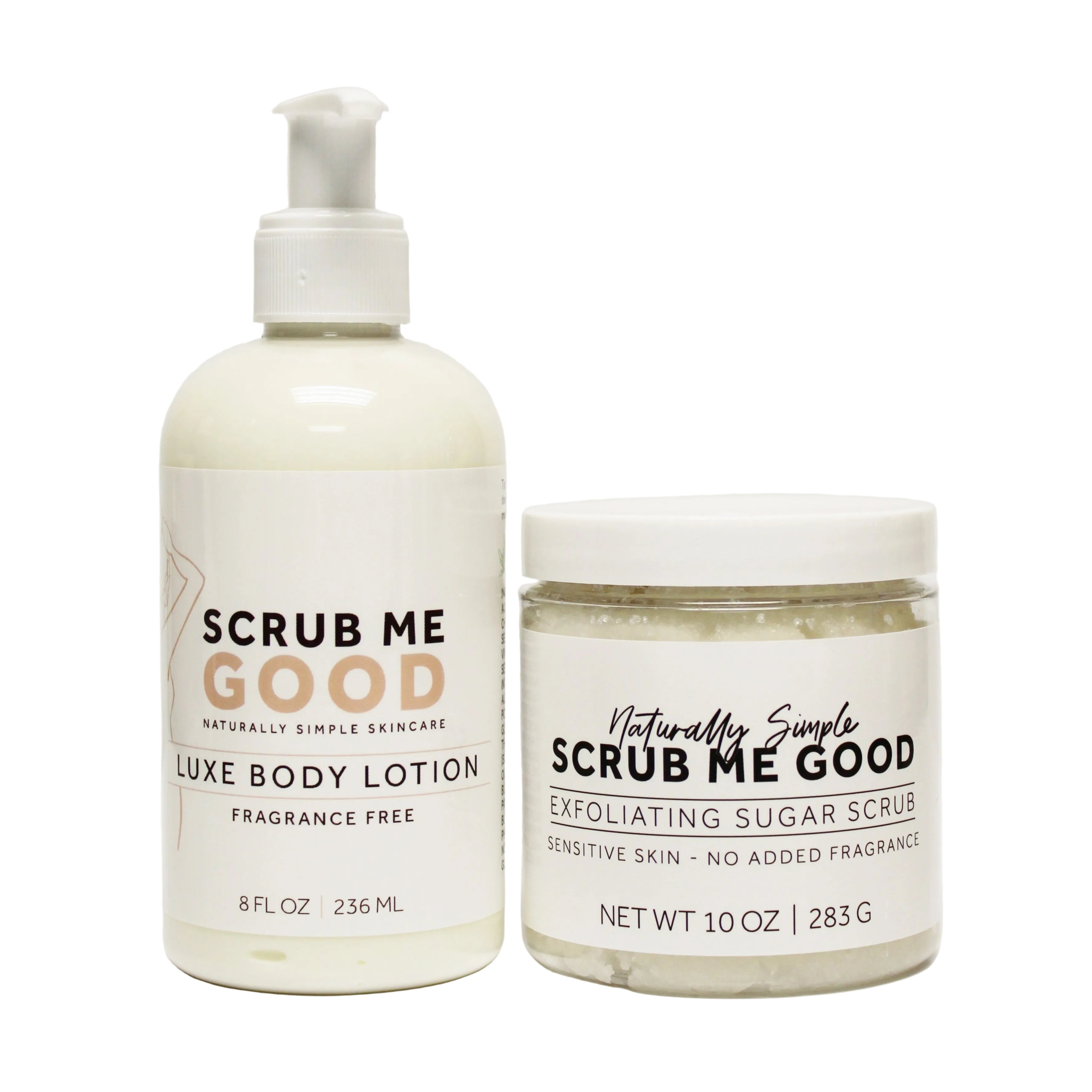 Fragrance Free Luxe Body lotion and Sensitive Skin Exfoliating sugar scrub on white backround