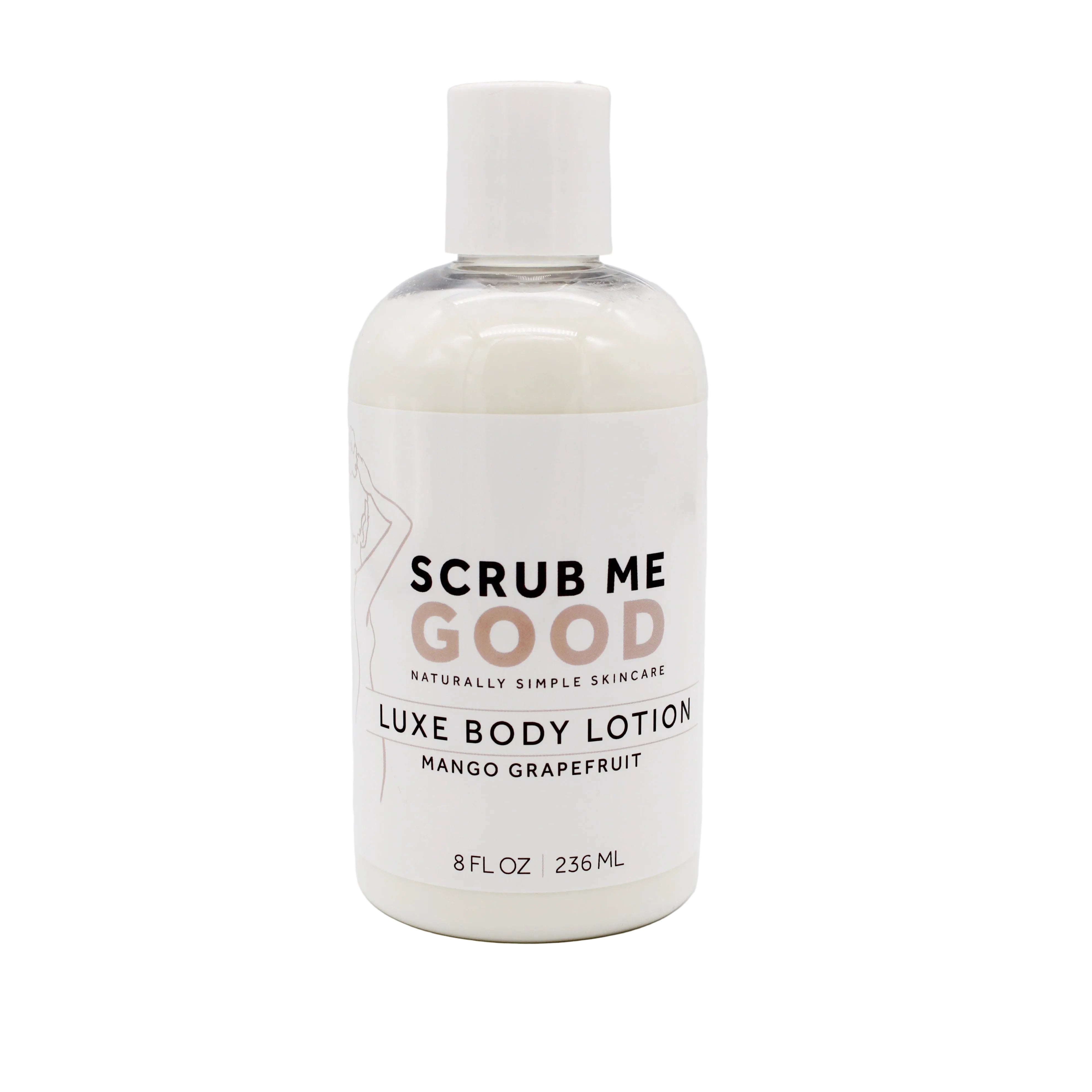 Bottle of Scrub Me Good Mango Grapefruit luxe body lotion on a white background