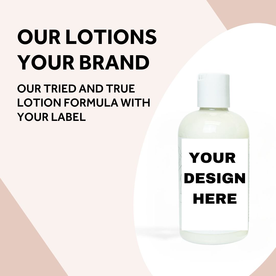 White label body lotion mockup with 'Your Design Here' label – Scrub Me Good private label program banner