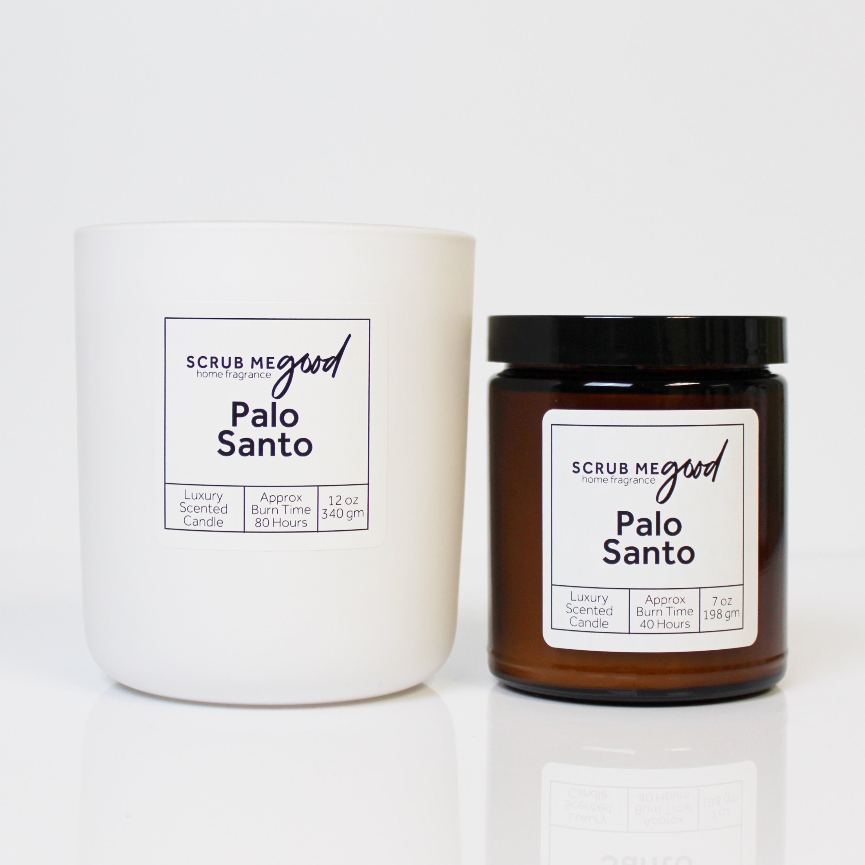 Scrub Me Good Palo Santo wooden wick candles in 7 oz and 12 oz sizes displayed together on neutral background.