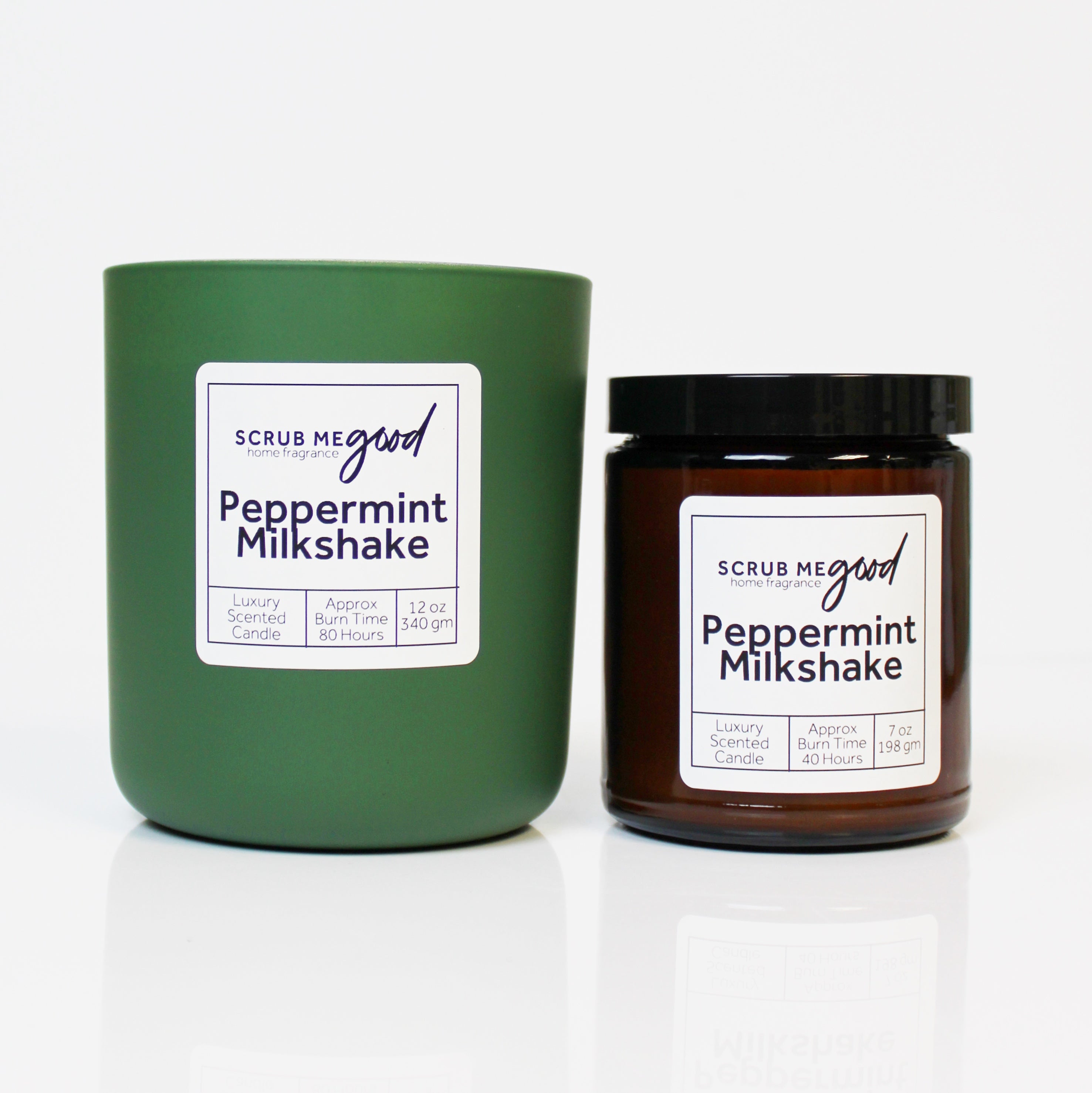 Scrub Me Good Peppermint Milkshake wooden wick candles in 7 oz and 12 oz sizes displayed side by side.