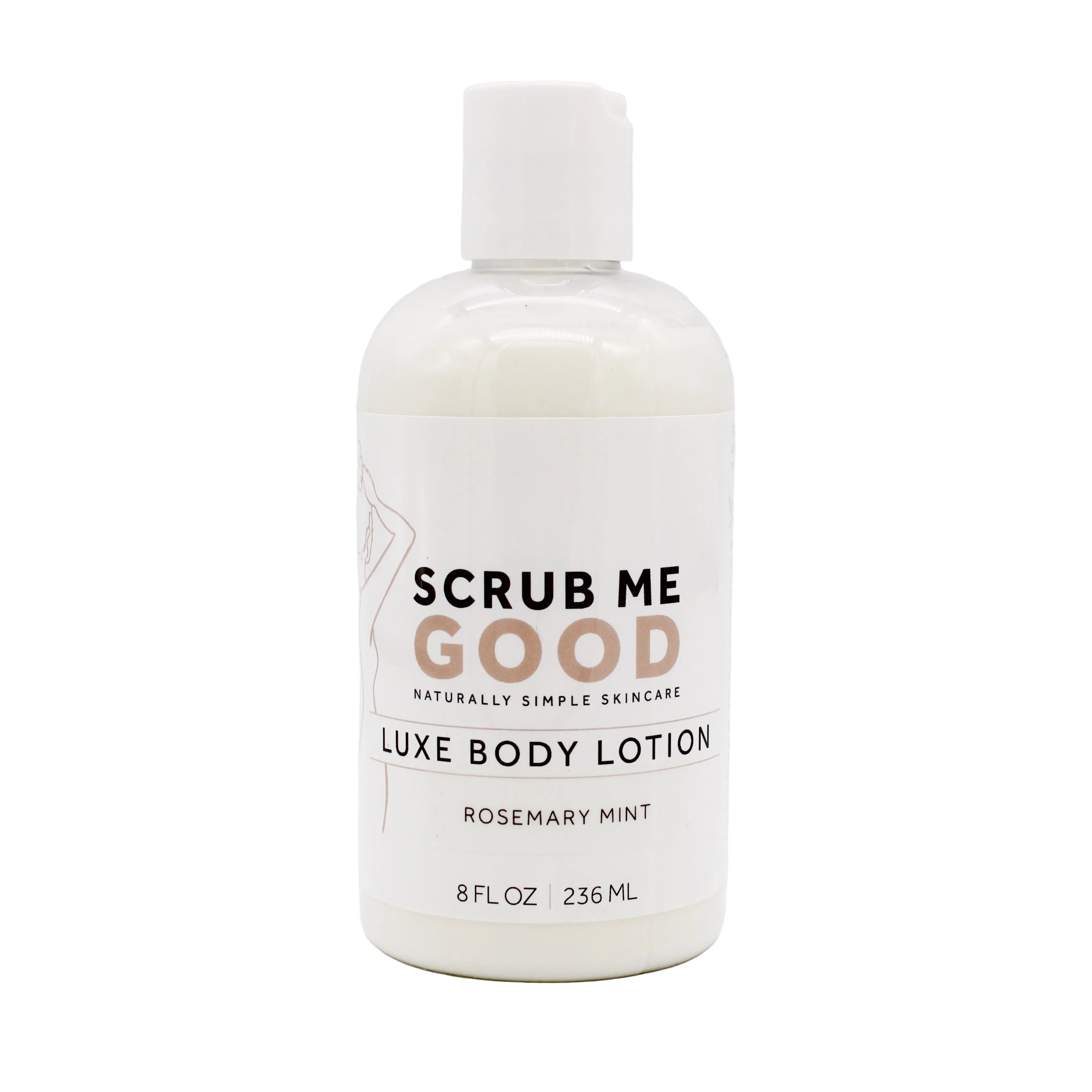 Lotion bottle labeled 'Scrub Me Good' in scent Rosemary Mint on a white background