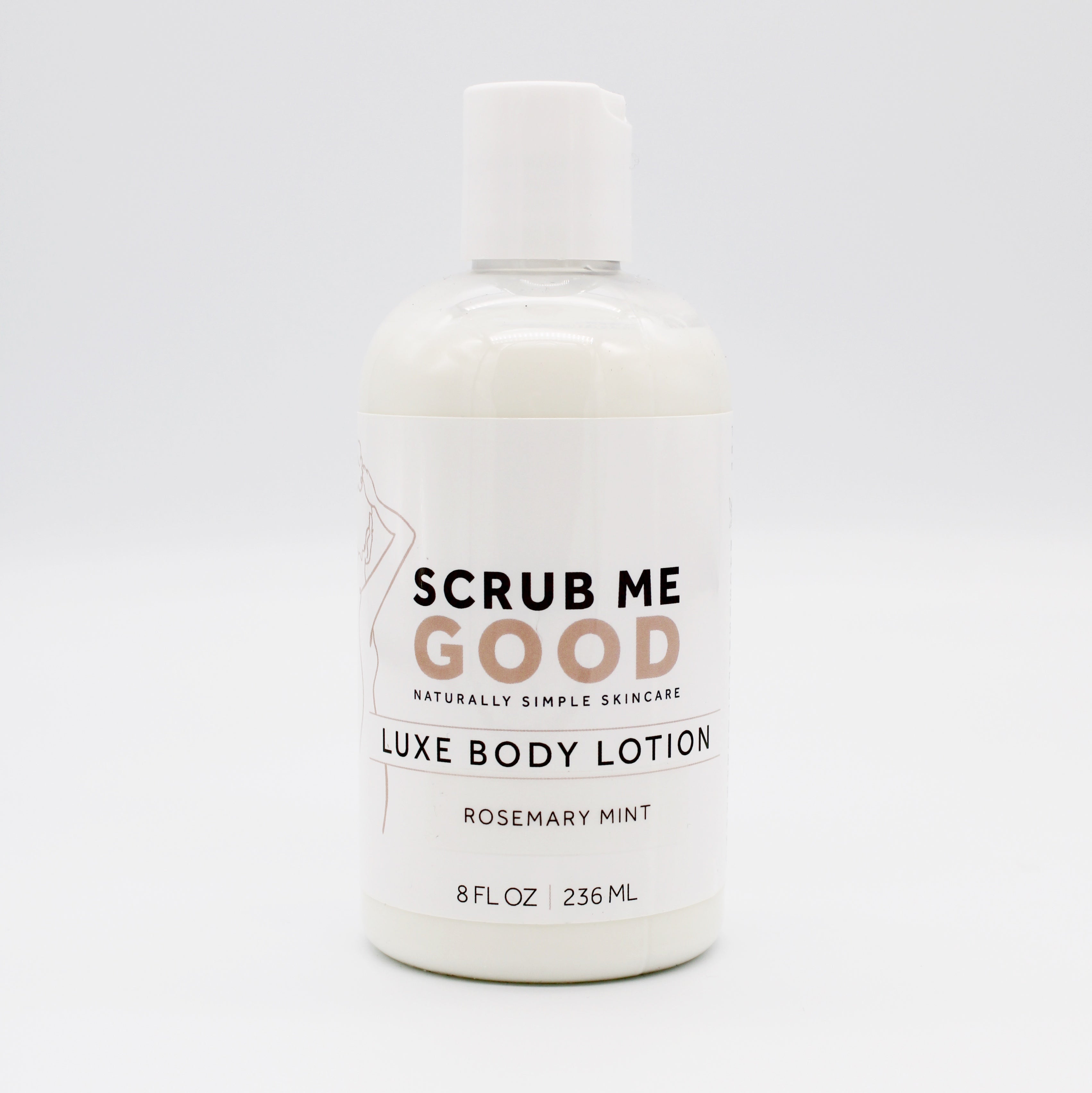 Lotion bottle labeled 'Scrub Me Good' in scent Rosemary Mint on a white background