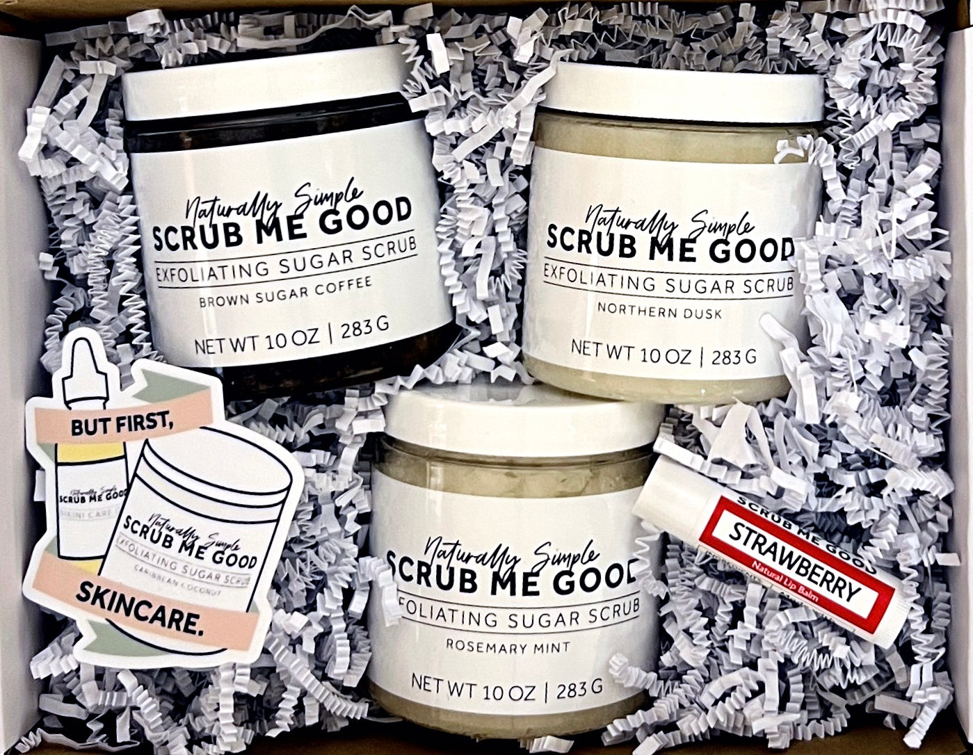 Scrub Me Good Subscription Box with 3 full-size sugar scrubs, plus extra mystery goodies