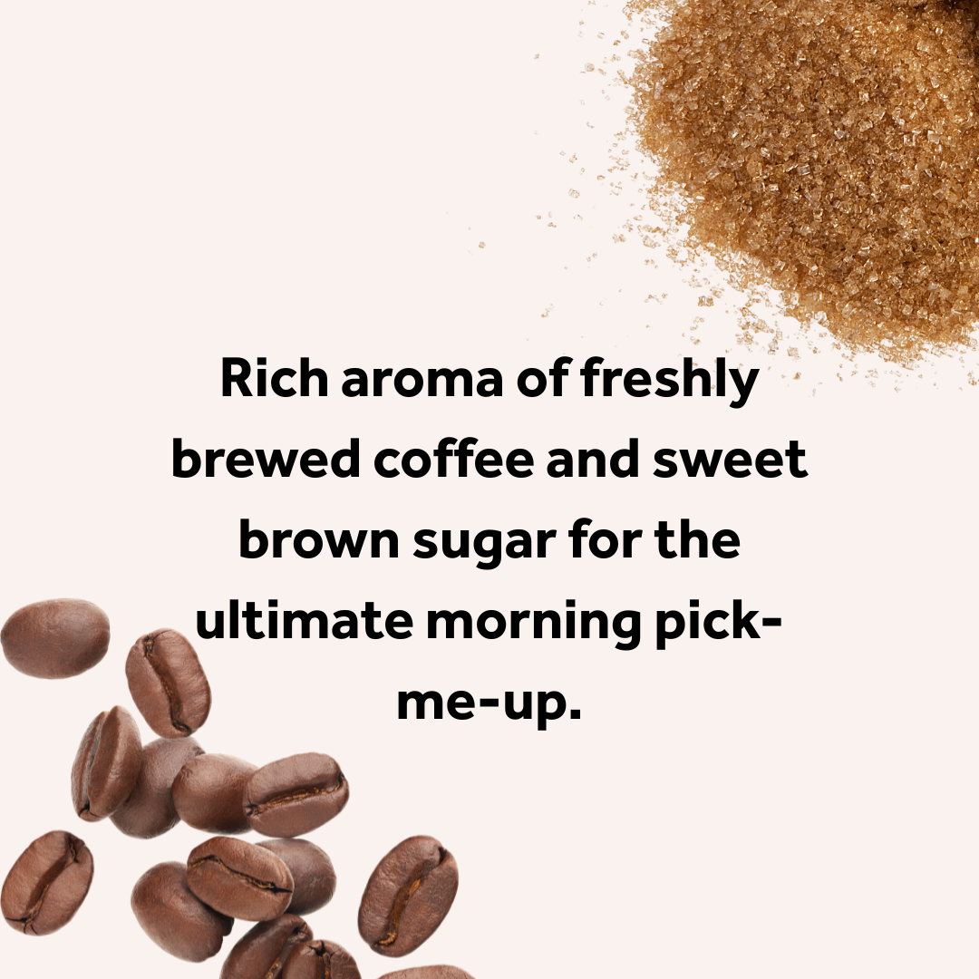 Coffee beans and brown sugar with text on a white background