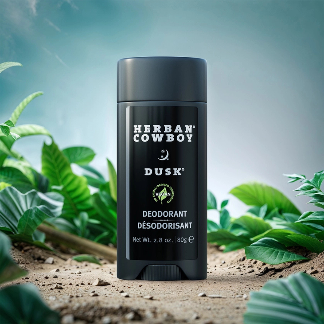 Herban Cowboy Dusk vegan deodorant for men surrounded by green leaves in an outdoor setting