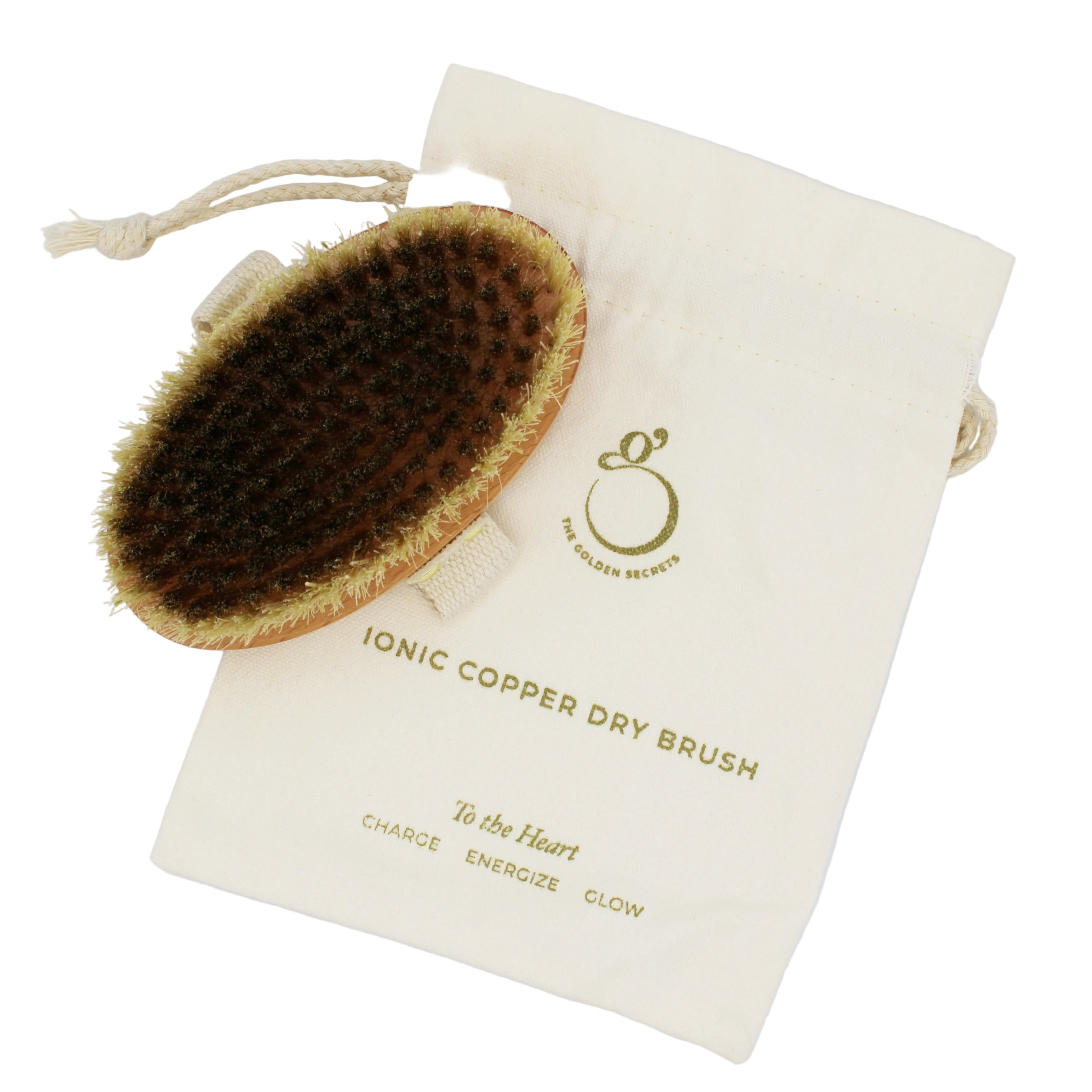 Ionic copper dry brush with a branded pouch on a white background