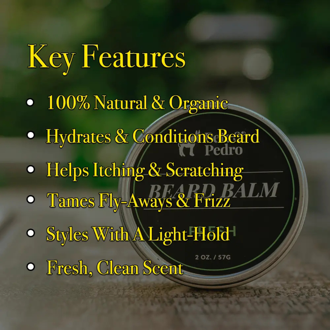 Pete & Pedro Fresh beard balm lifestyle image highlighting light hold, conditioning, and frizz control benefits