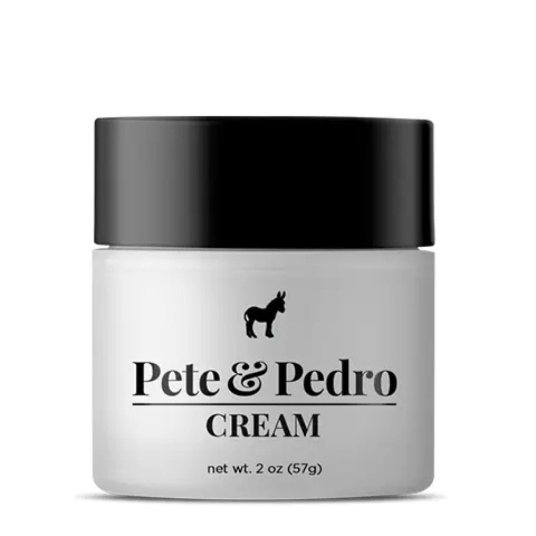 Pete & Pedro hair cream in a 2 oz jar with black lid on a white background