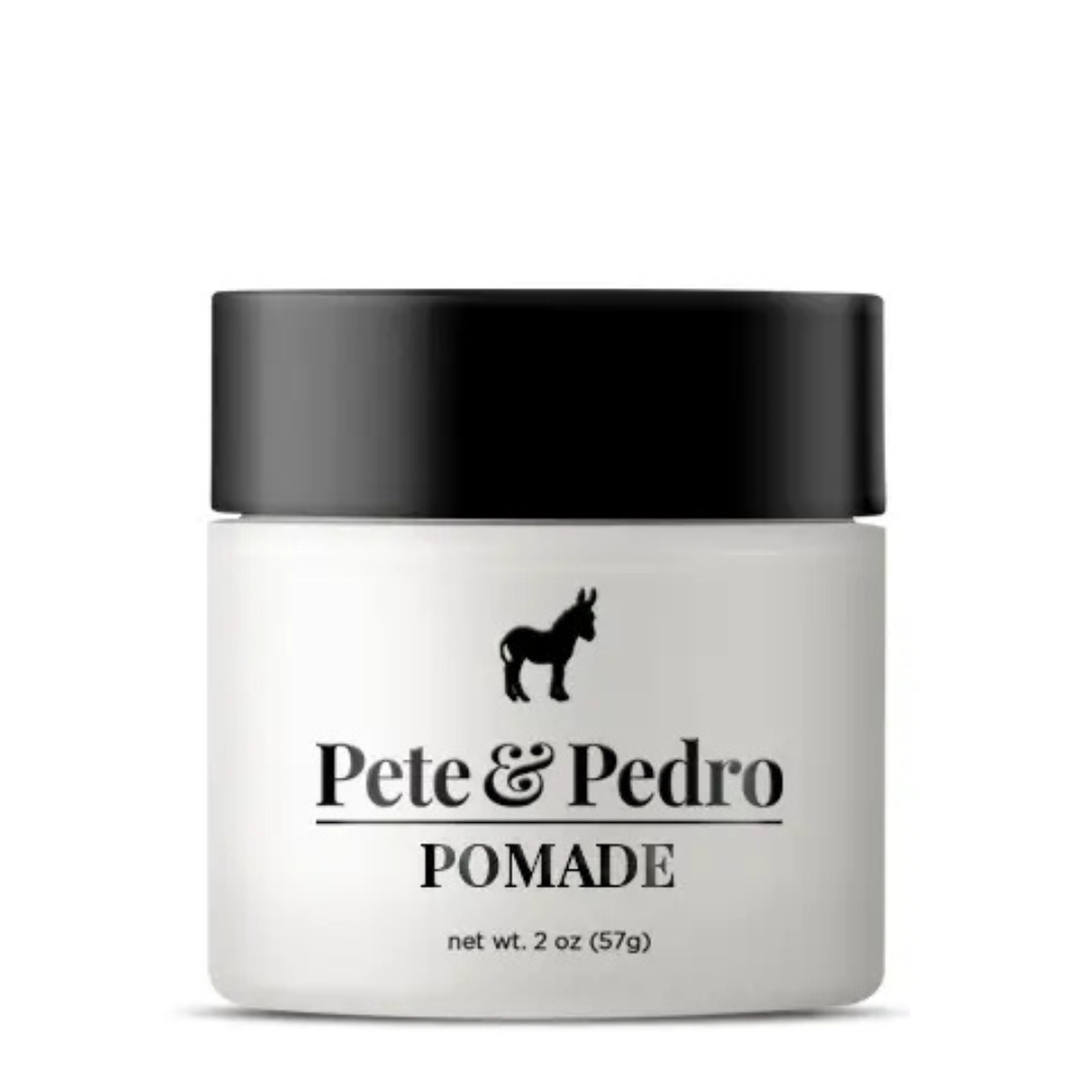 Pete & Pedro hair pomade in a 2 oz jar with black lid on a white background