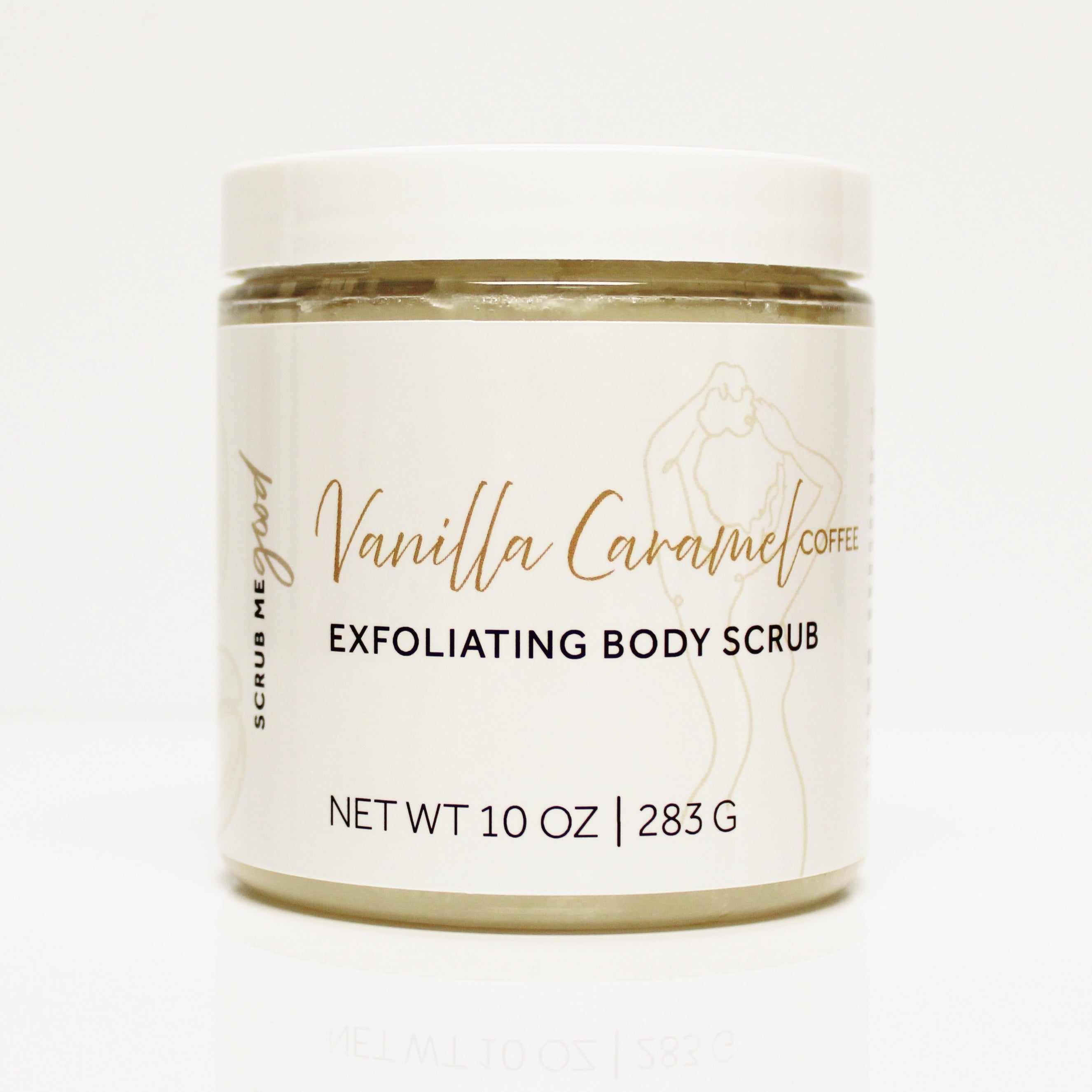 Vanilla Caramel Coffee exfoliating body scrub jar on a white background