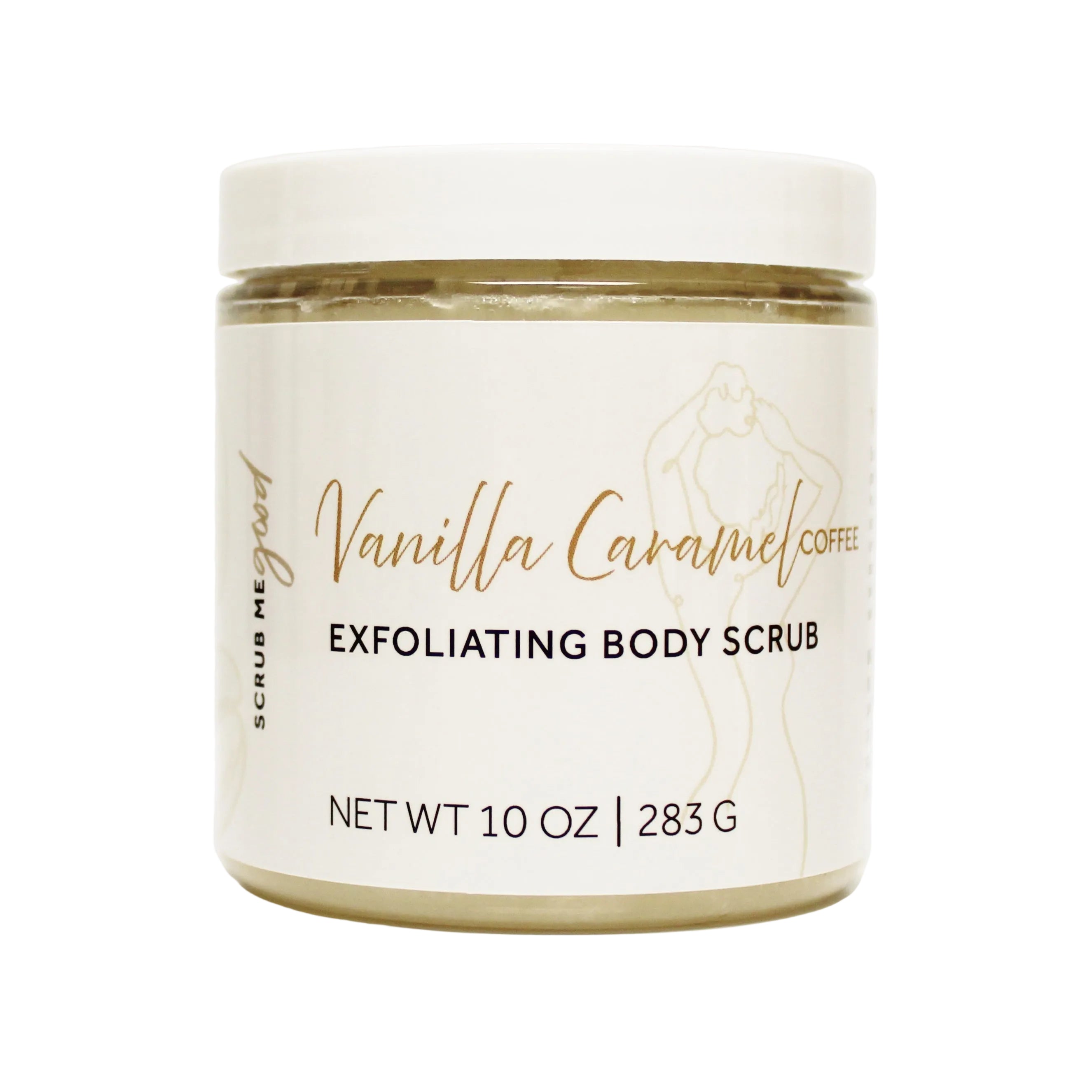 Vanilla Caramel Coffee exfoliating body scrub jar on a white background