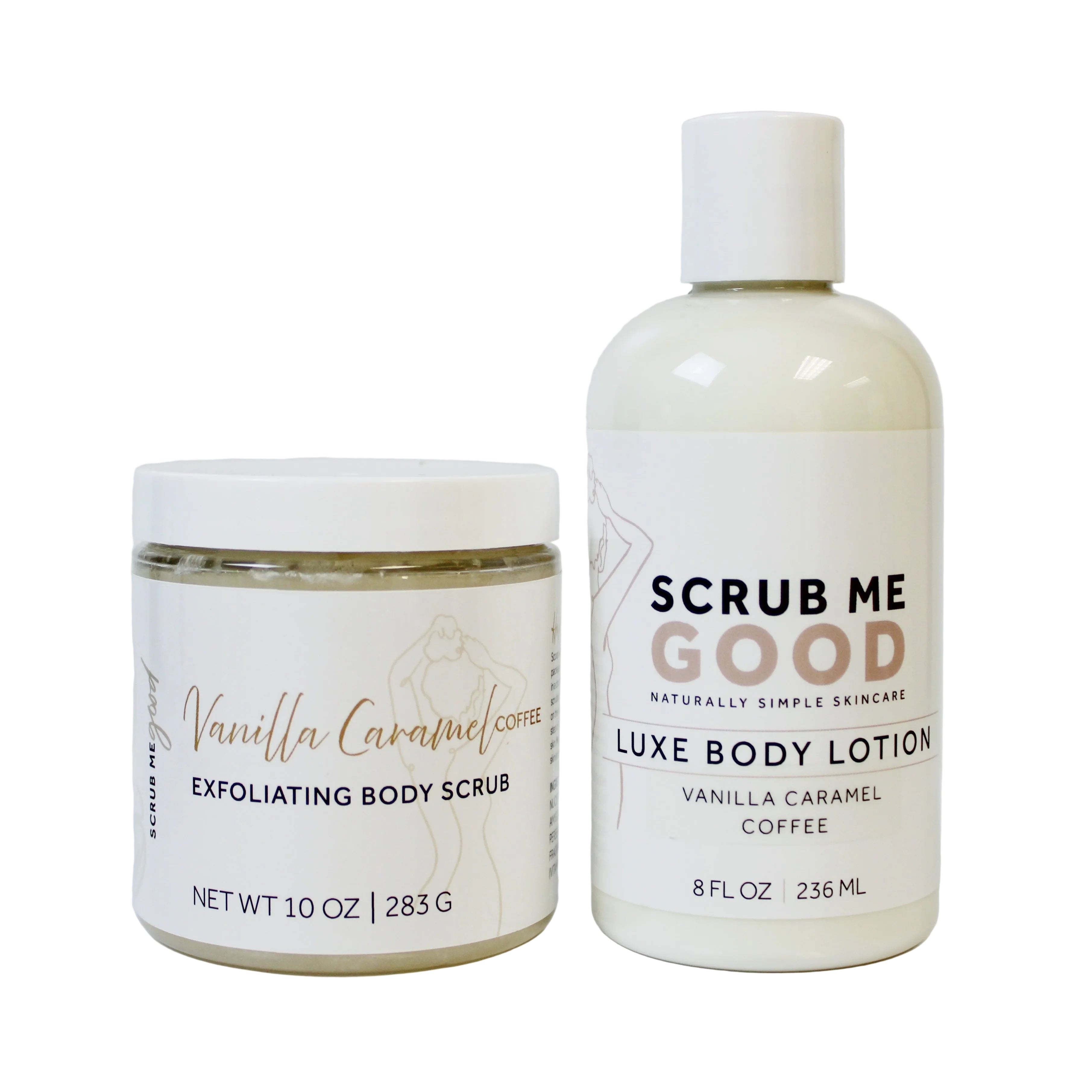 Two skincare products, a jar of 'Vanilla Caramel Coffee' exfoliating body scrub and a bottle of 'SCRUB ME GOOD' luxe body lotion, on a white background.