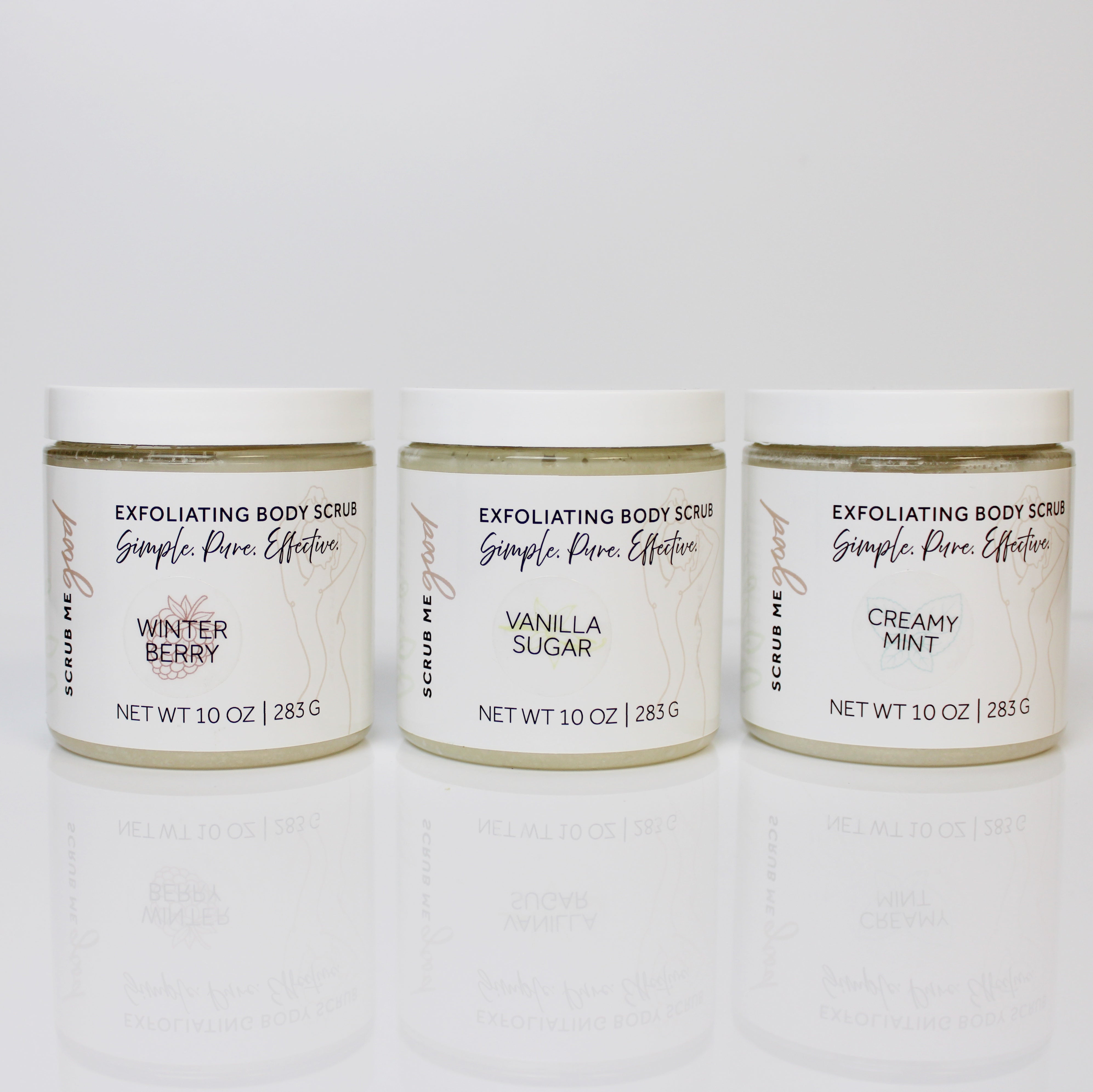 scrub me goods winter bundle of three body scrubs, winter berry, vanilla sugar, and creamy mint