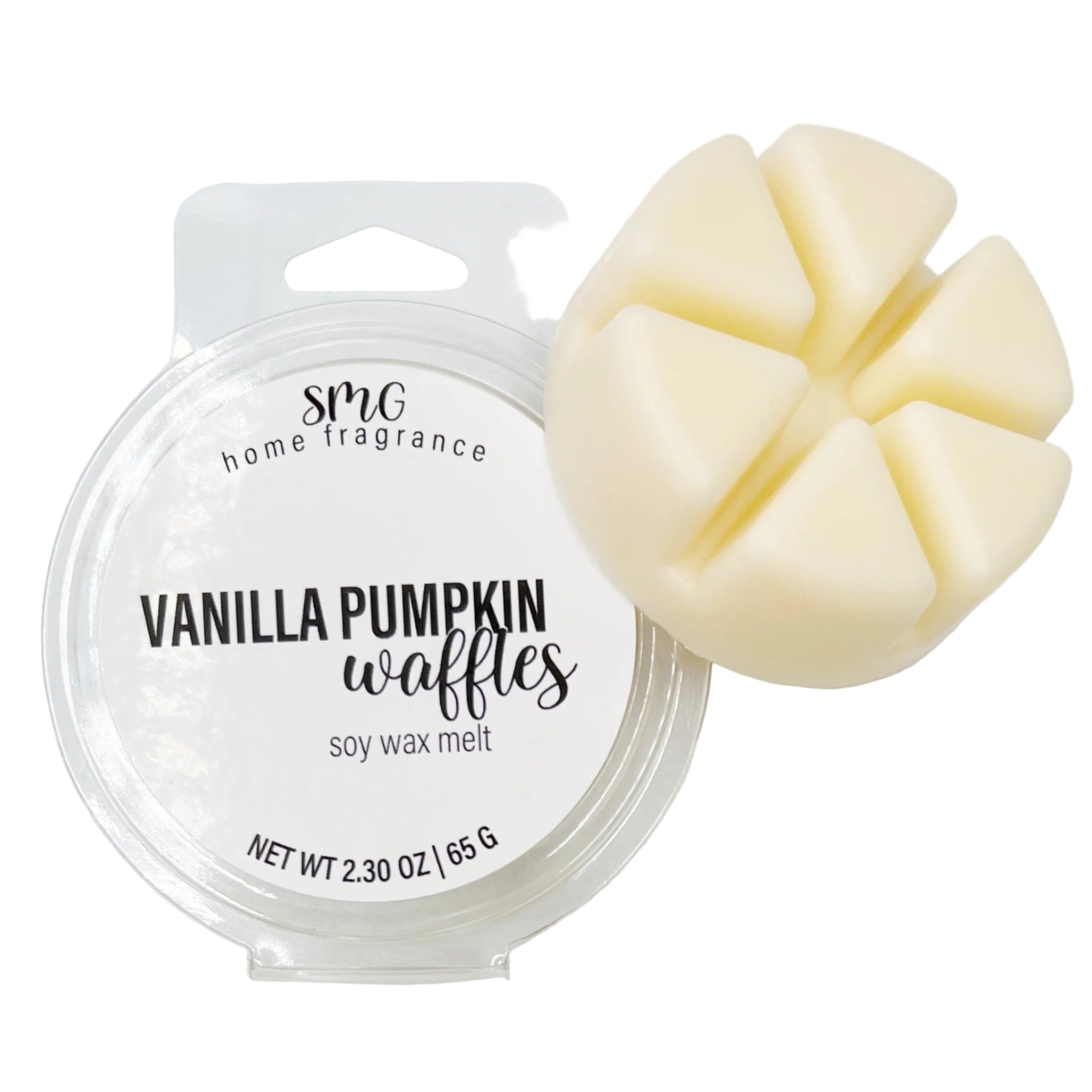 Vanilla pumpkin waffles soy wax melt with packaging on a white background