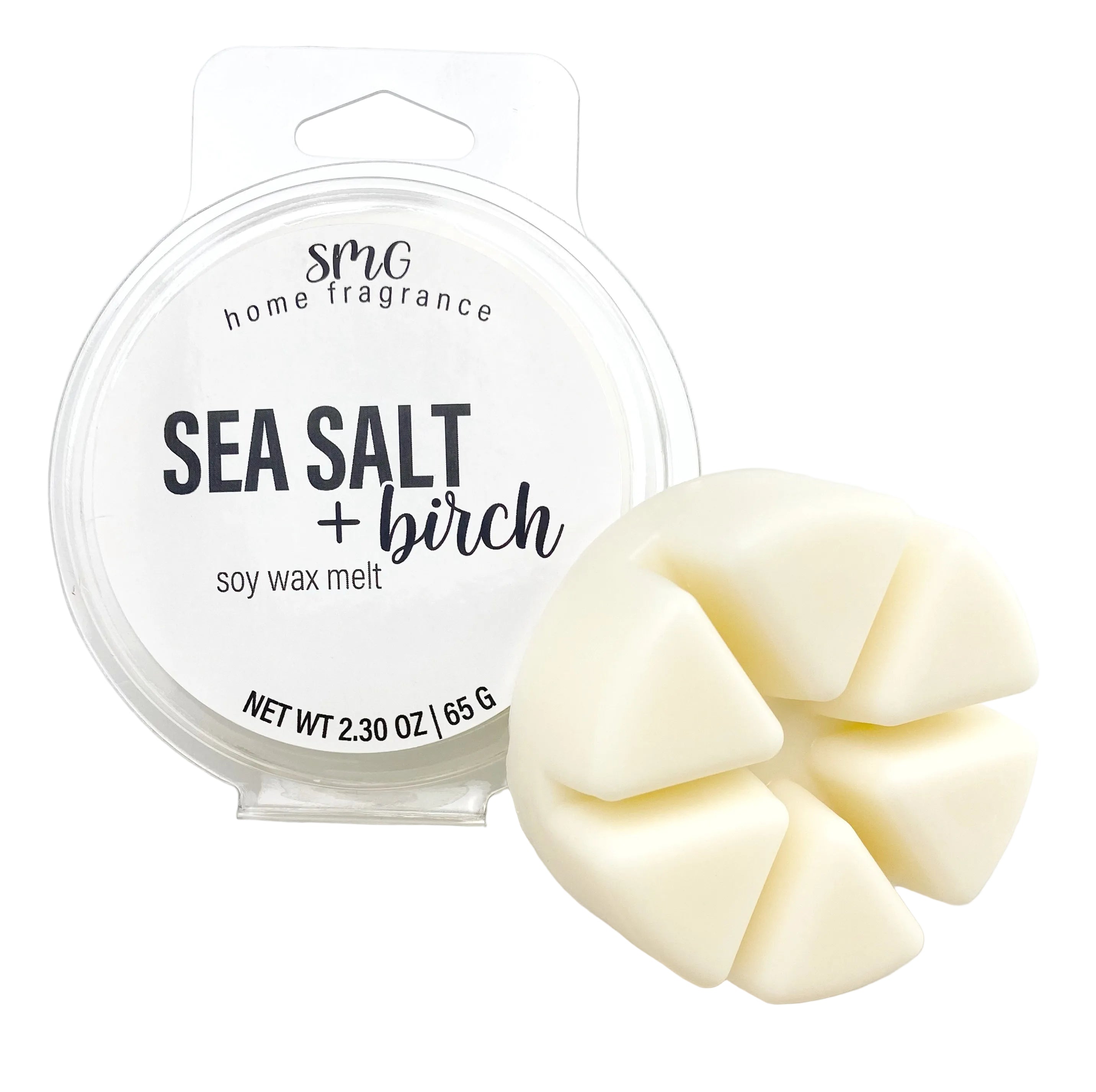 Sea Salt + Birch soy wax melt with packaging on a white background