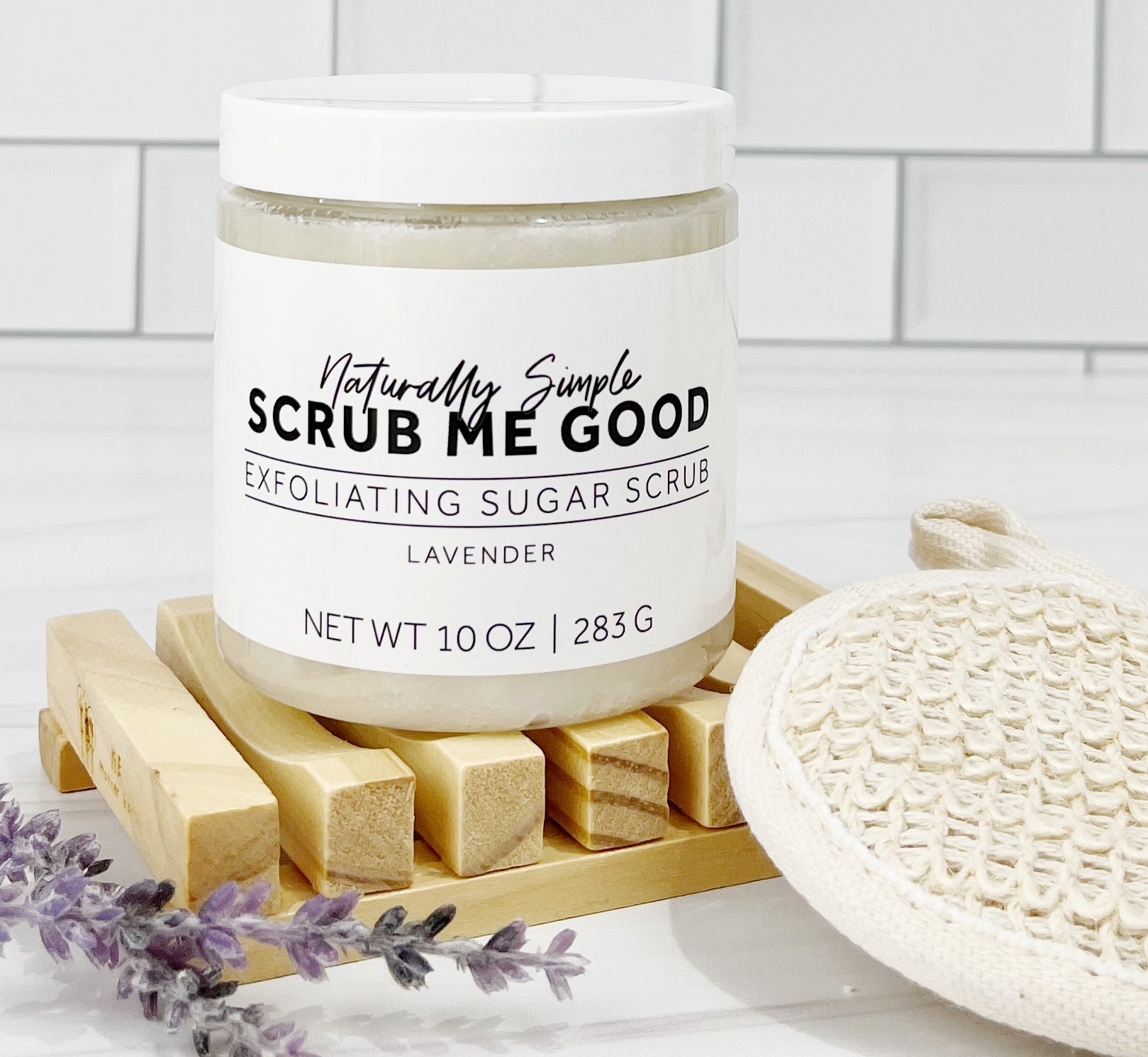 Oil-based sugar scrub with calming lavender scent