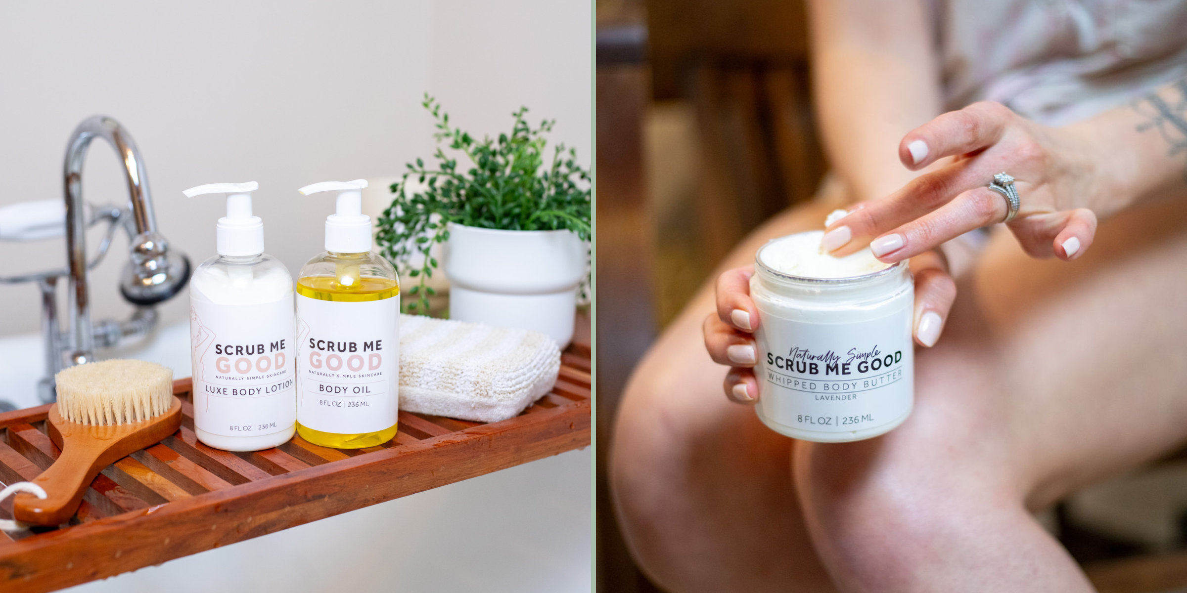 two pictures of scrub me good products including luxe body lotion, body oil, and whipped body butter 