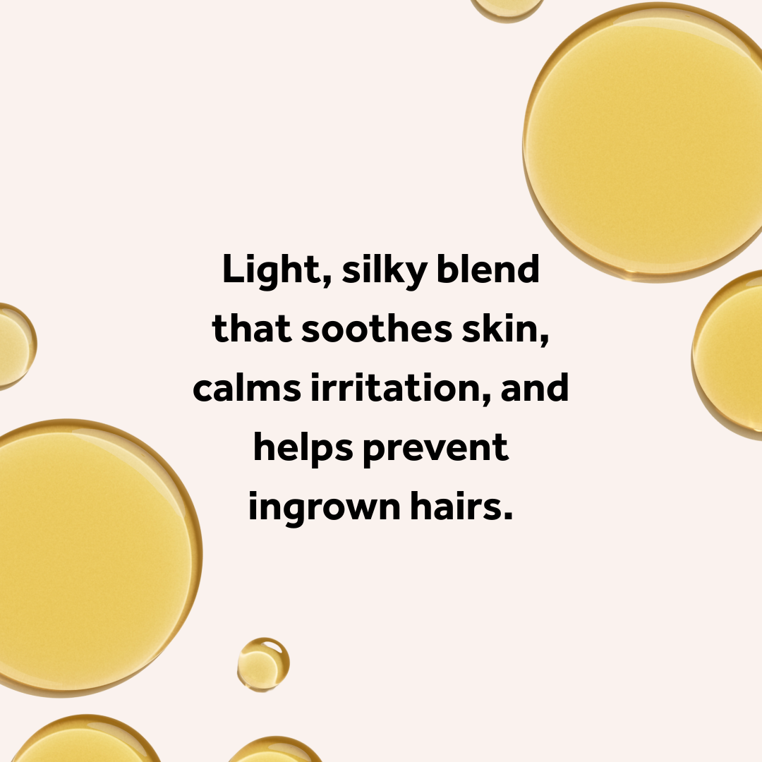 Text describing a light, silky blend with yellow oil drops on a beige background