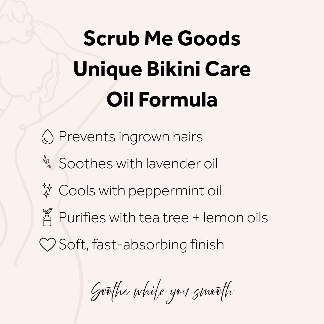 Product description of Scrub Me Goods Unique Bikini Care Oil Formula on a white background