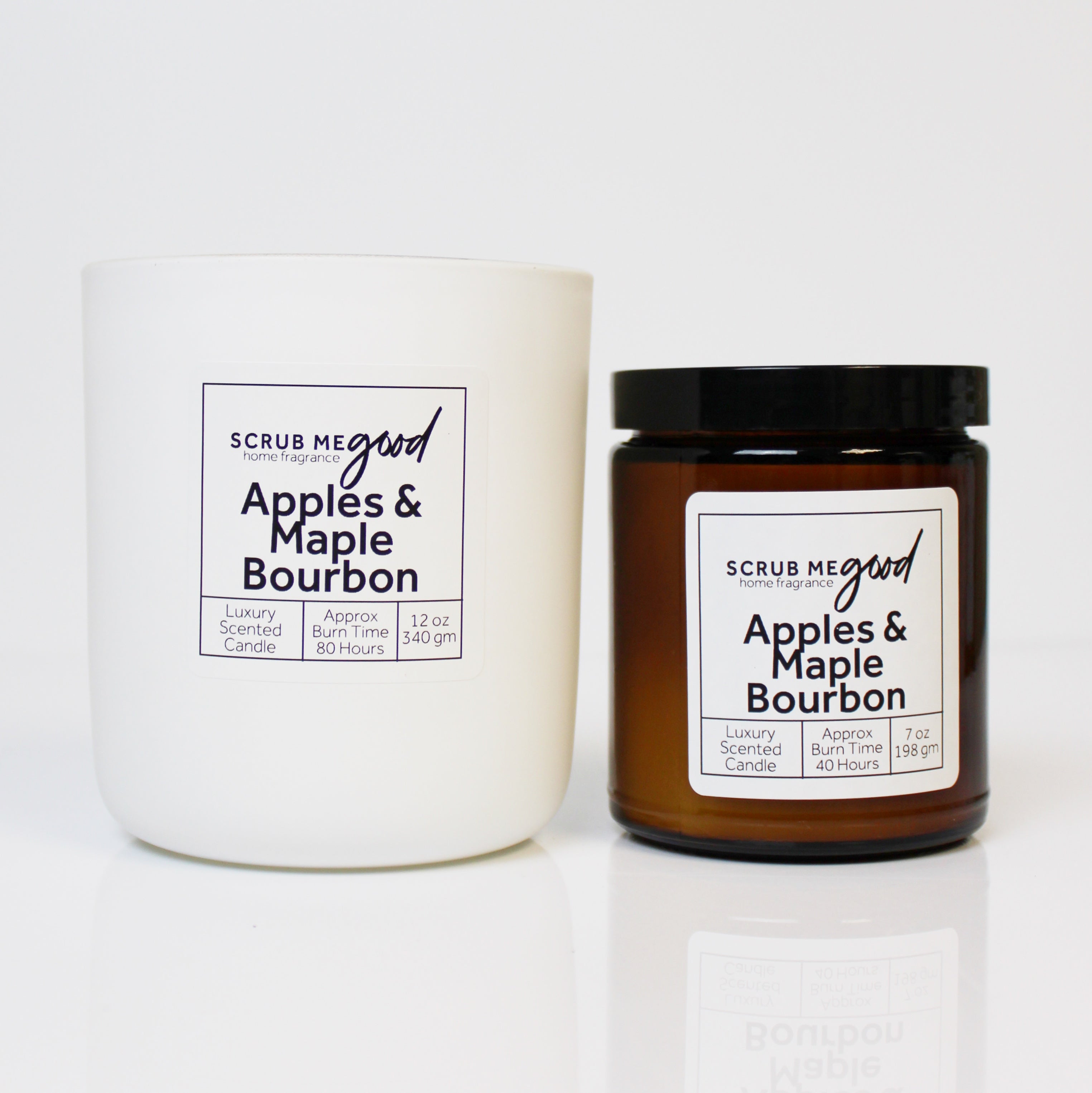 Scrub Me Good Apples & Maple Bourbon wooden wick candles in 7 oz and 12 oz sizes.