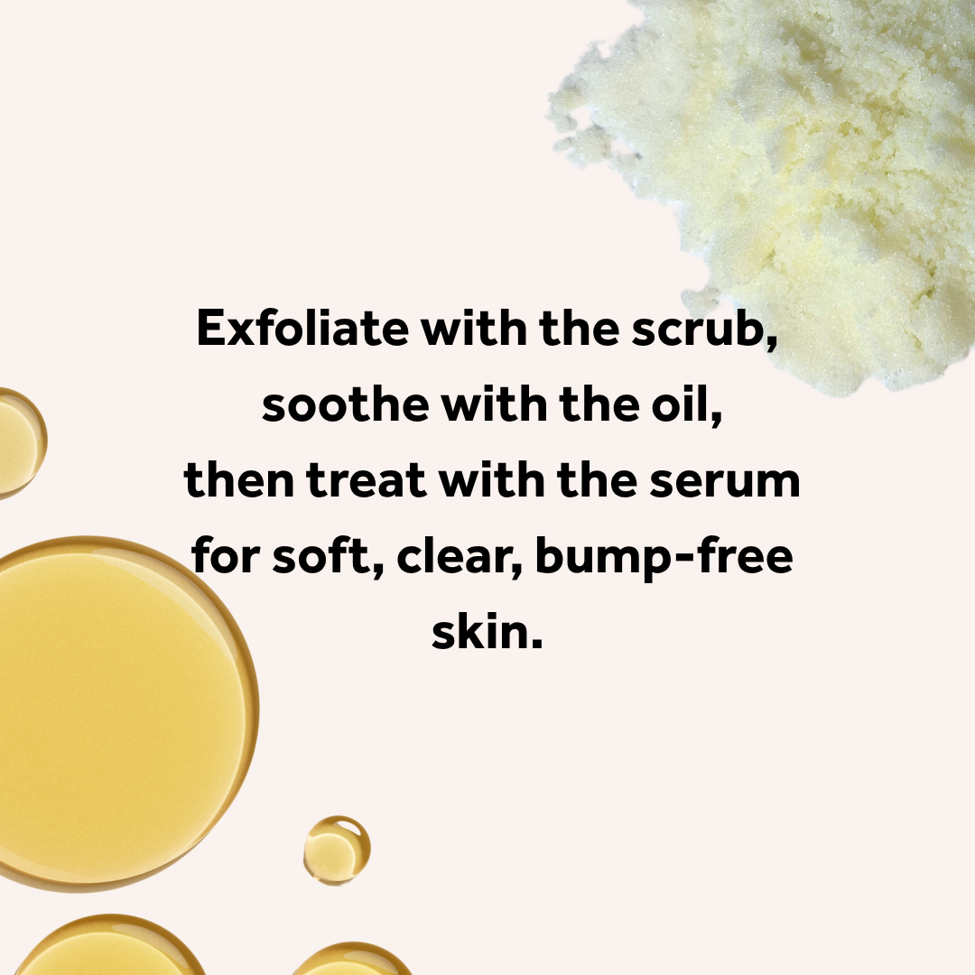 text about the trio on a pink background with oil and scrub