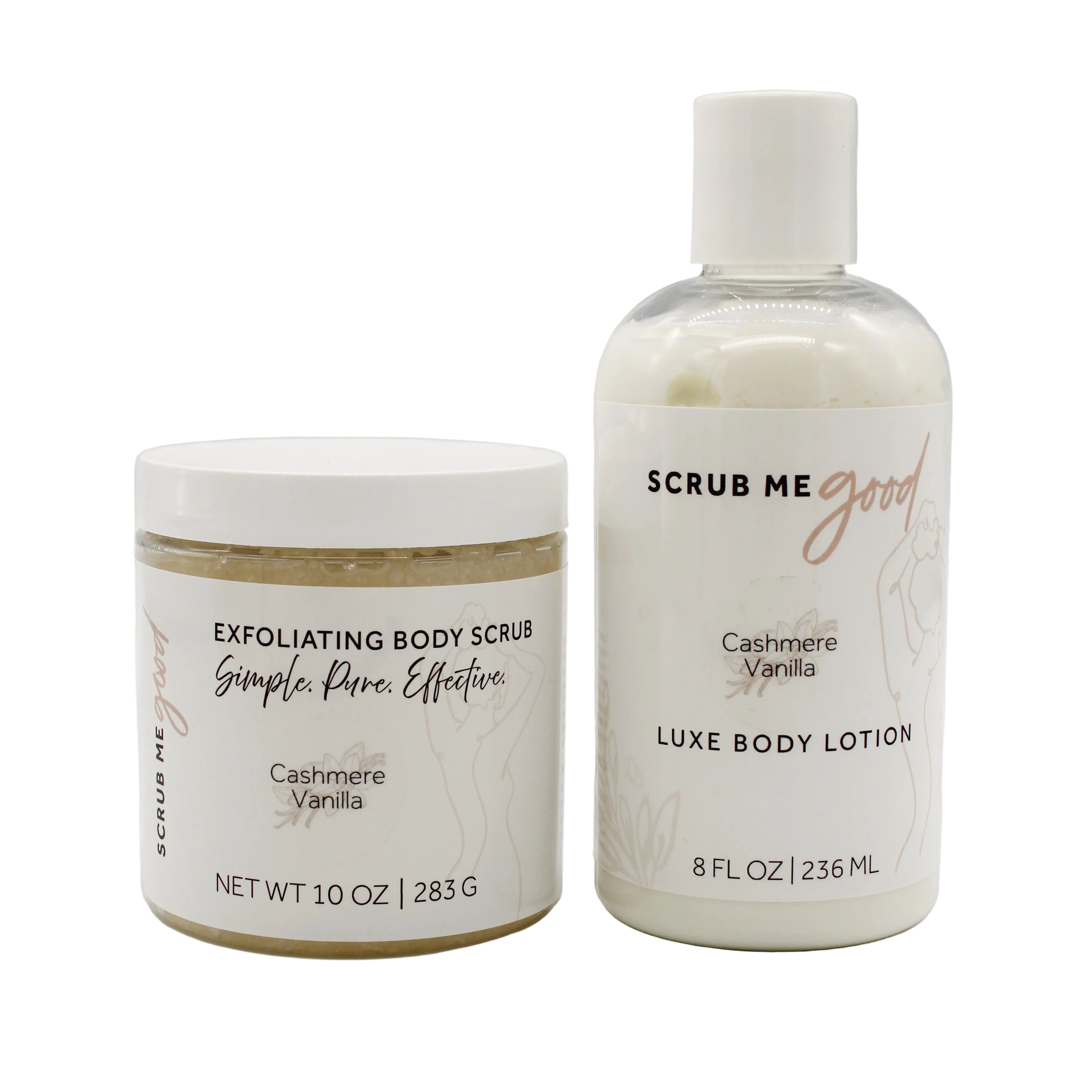 Scrub Me Good Cashmere Vanilla Lotion and Scrub bundle on white backround