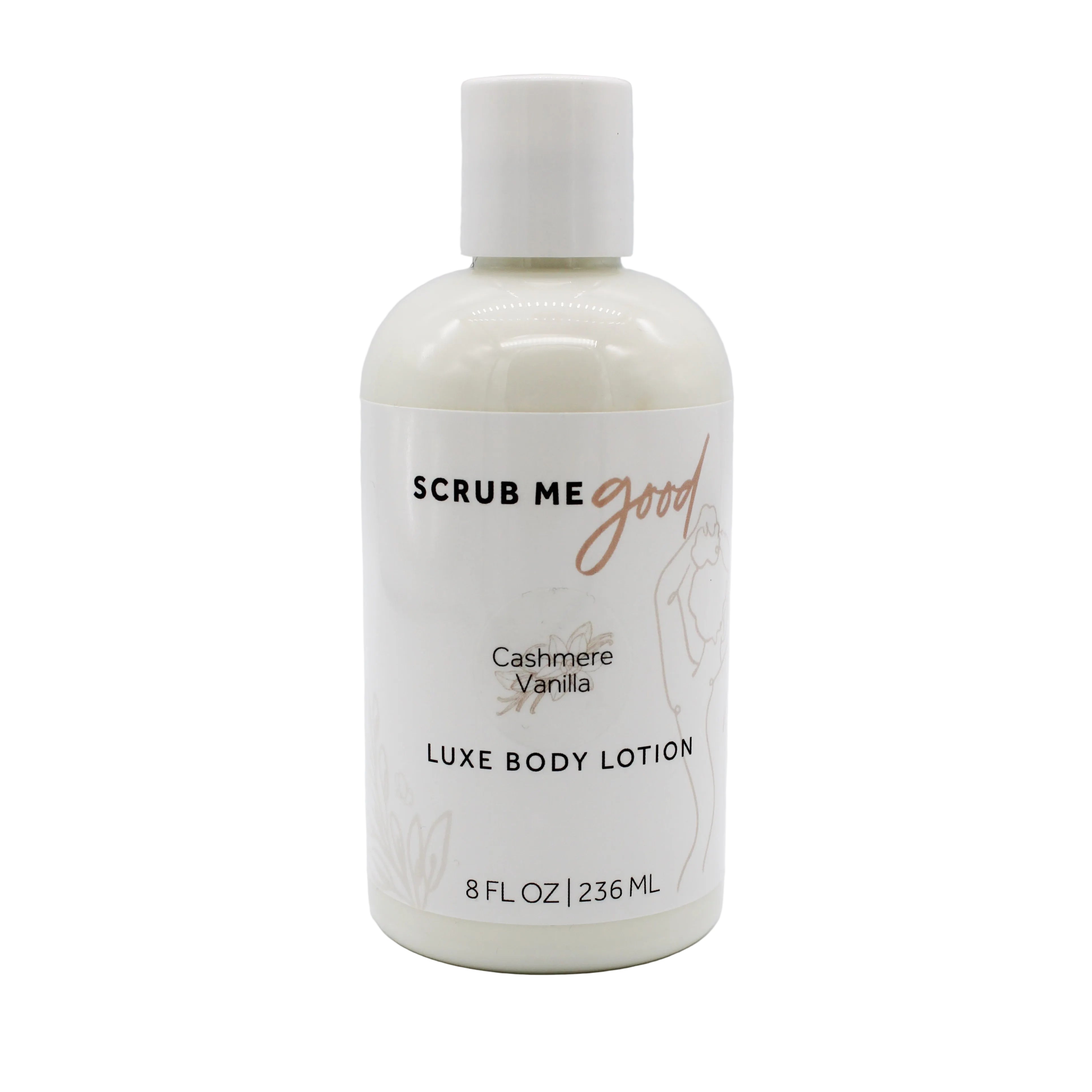 A bottle of 'Scrub Me Good' Luxe Body Lotion in Cashmere Vanilla scent, featuring a white bottle and cap with a white label and black text, set against a light gray background.