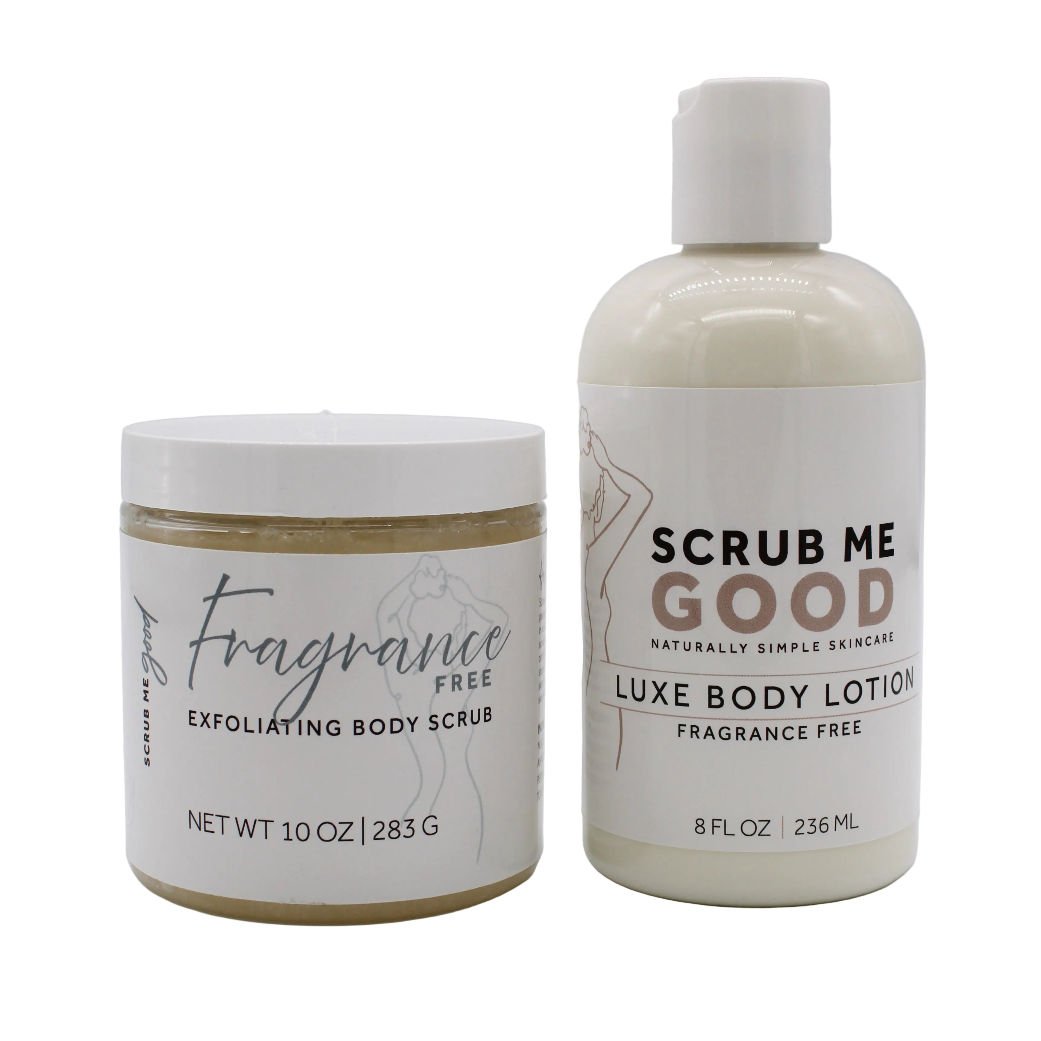 Two skincare products on a white background: a jar of Fragrance Free Exfoliating Body Scrub and a bottle of Scrub Me Good Luxe Body Lotion, both with white caps and white labels.