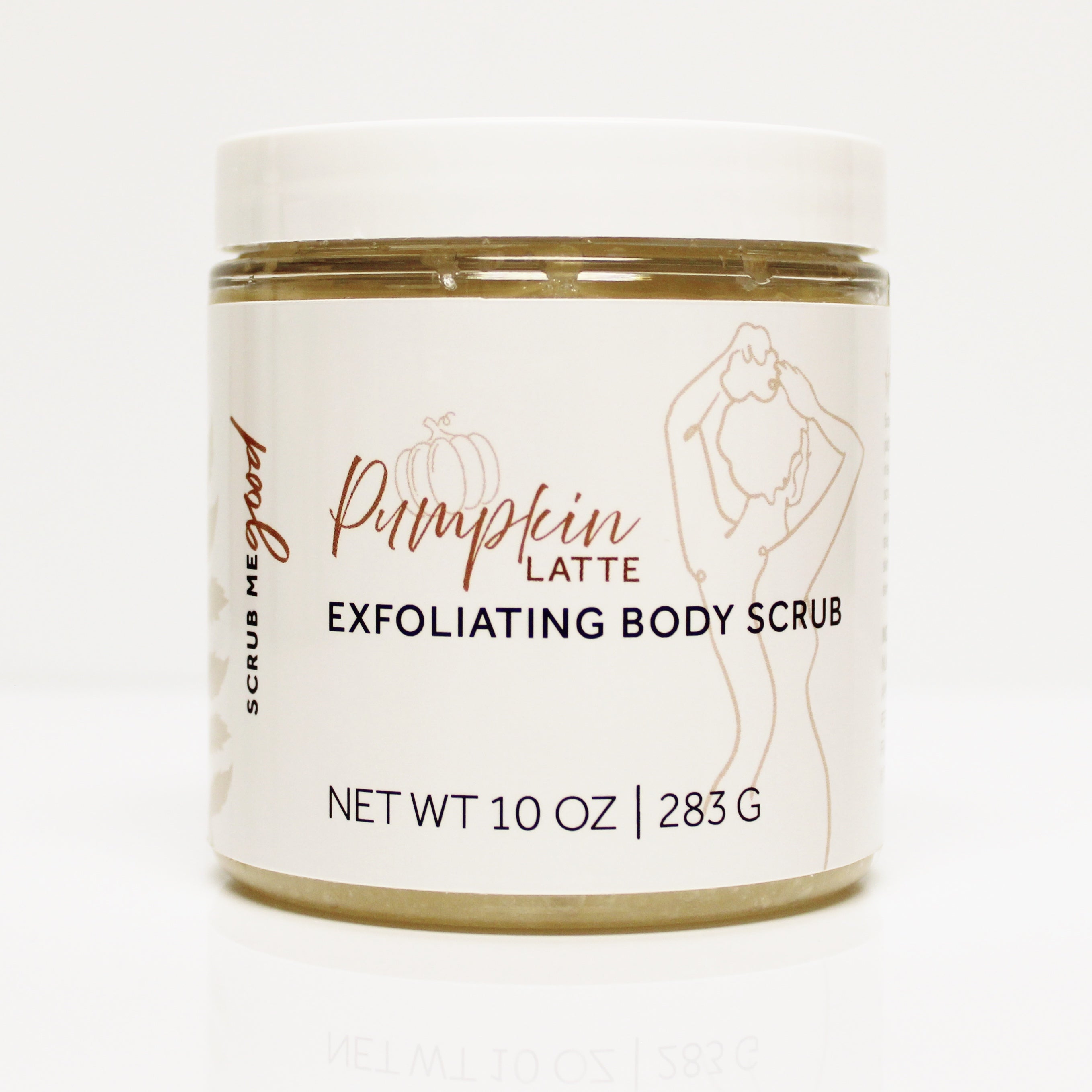 Jar of Pumpkin Latte Exfoliating Body Scrub with branding on a white background