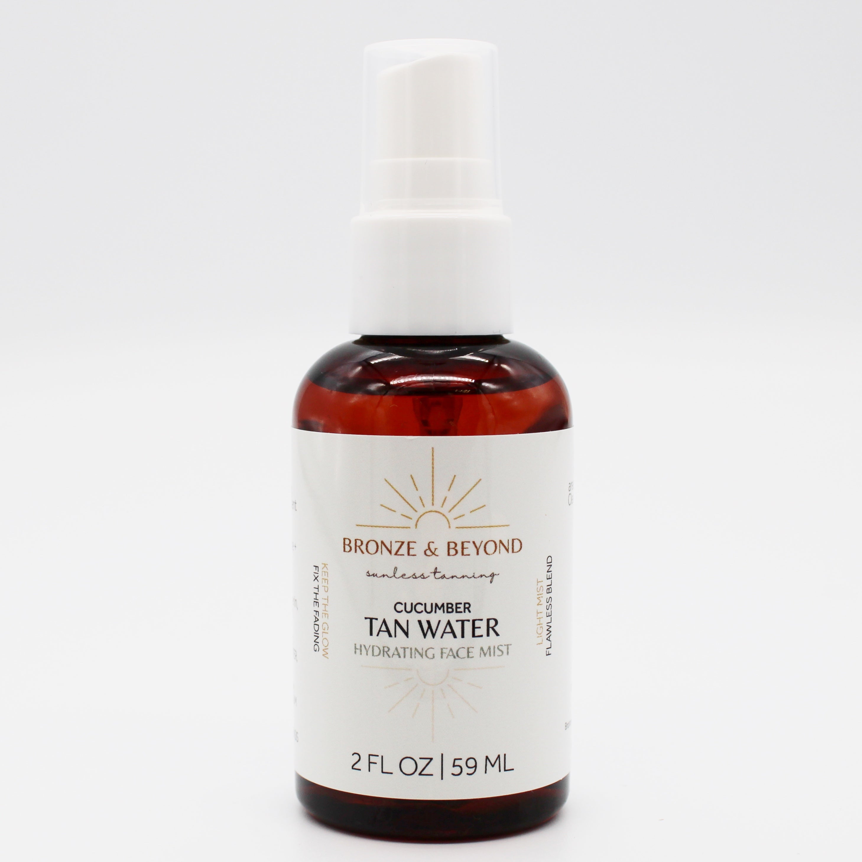 Bottle of Bronze & Beyond Cucumber Tan Water hydrating face mist on a white background