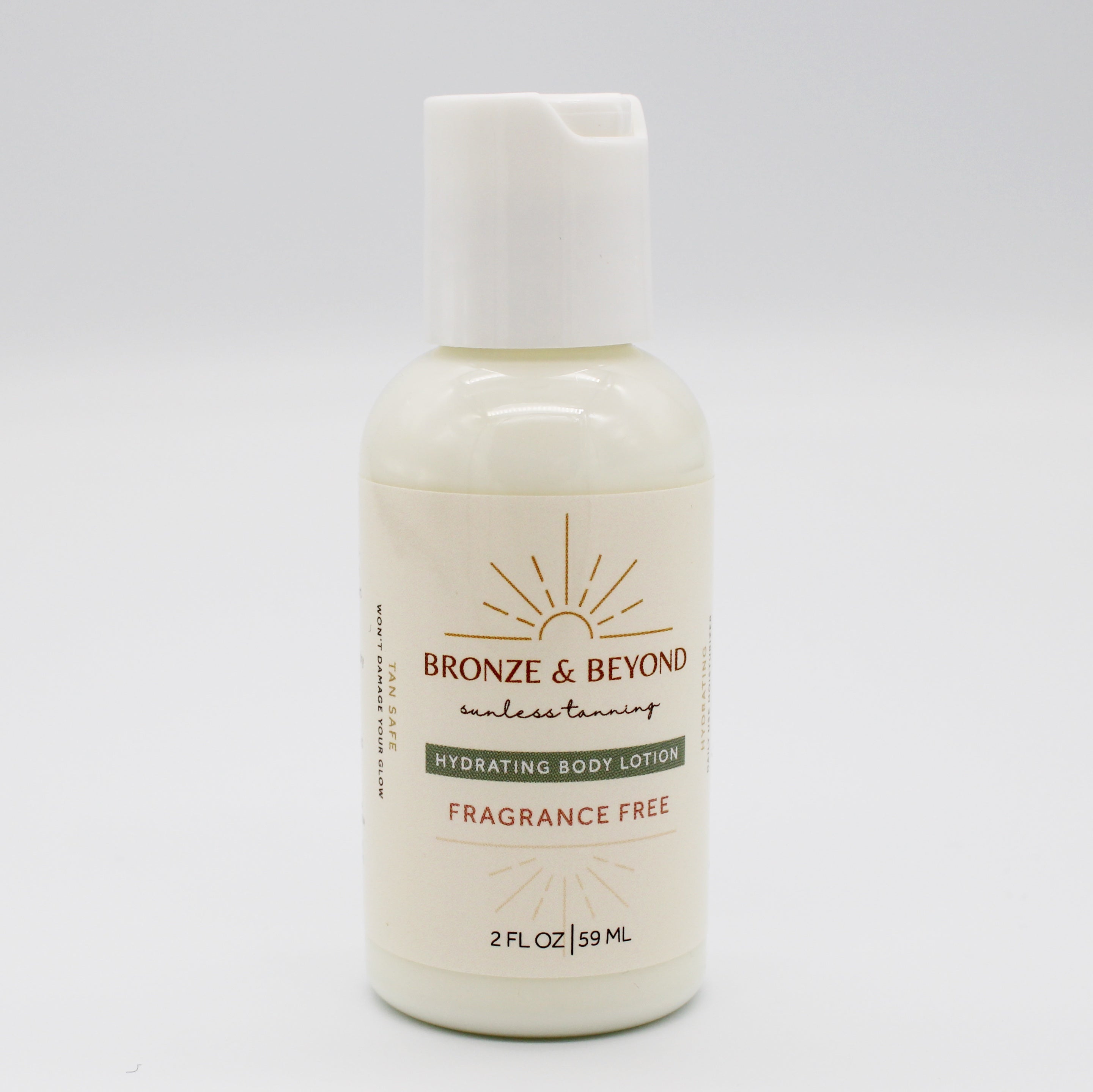 Bottle of Bronze & Beyond hydrating body lotion fragrance free on a white background