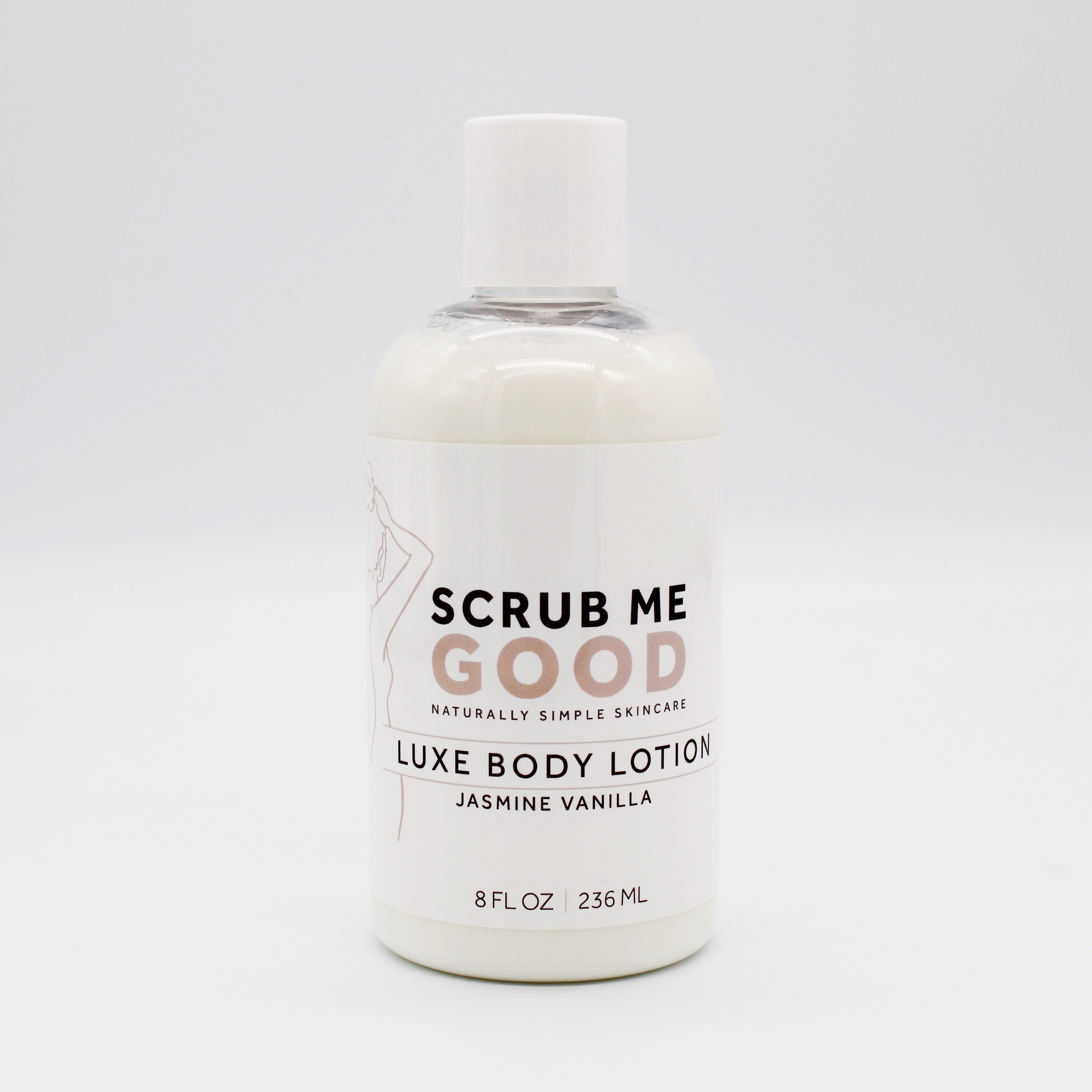 Bottle of Scrub Me Good luxe body lotion in scent Jasmine Vanilla on a white background