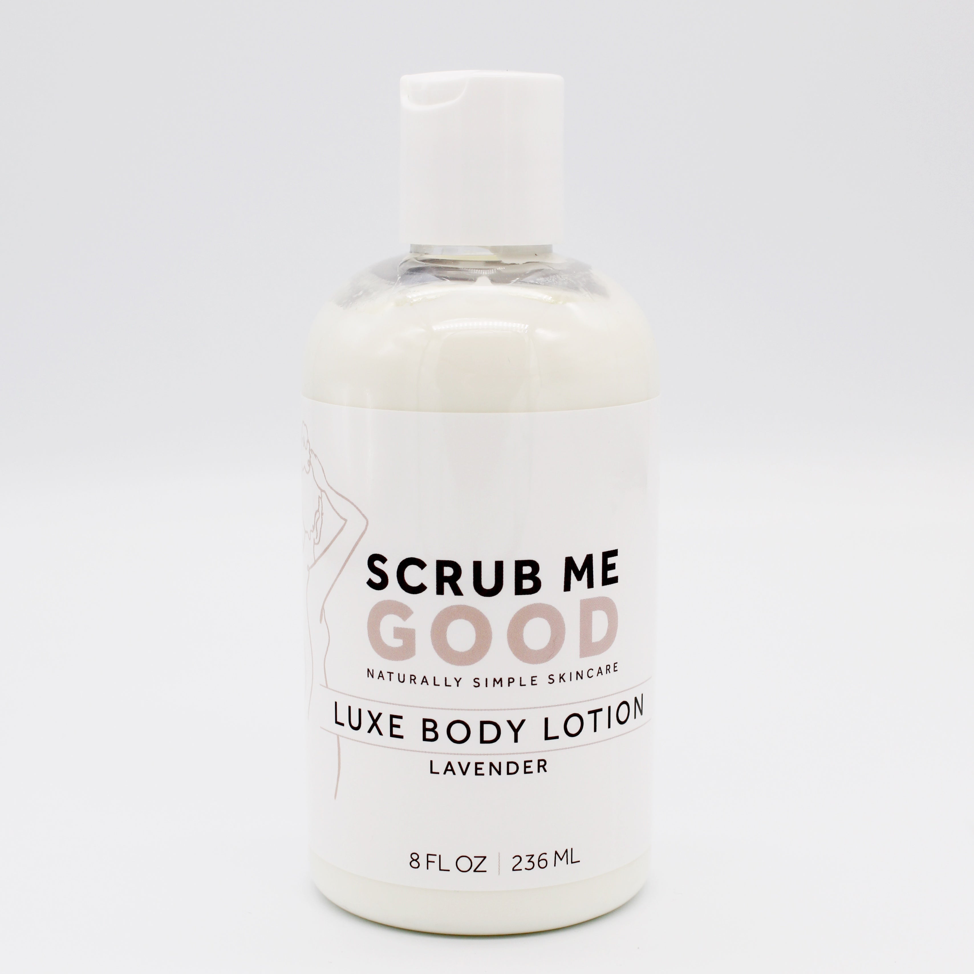 Bottle of Scrub Me Good luxe body lotion in scent Lavender on a white background