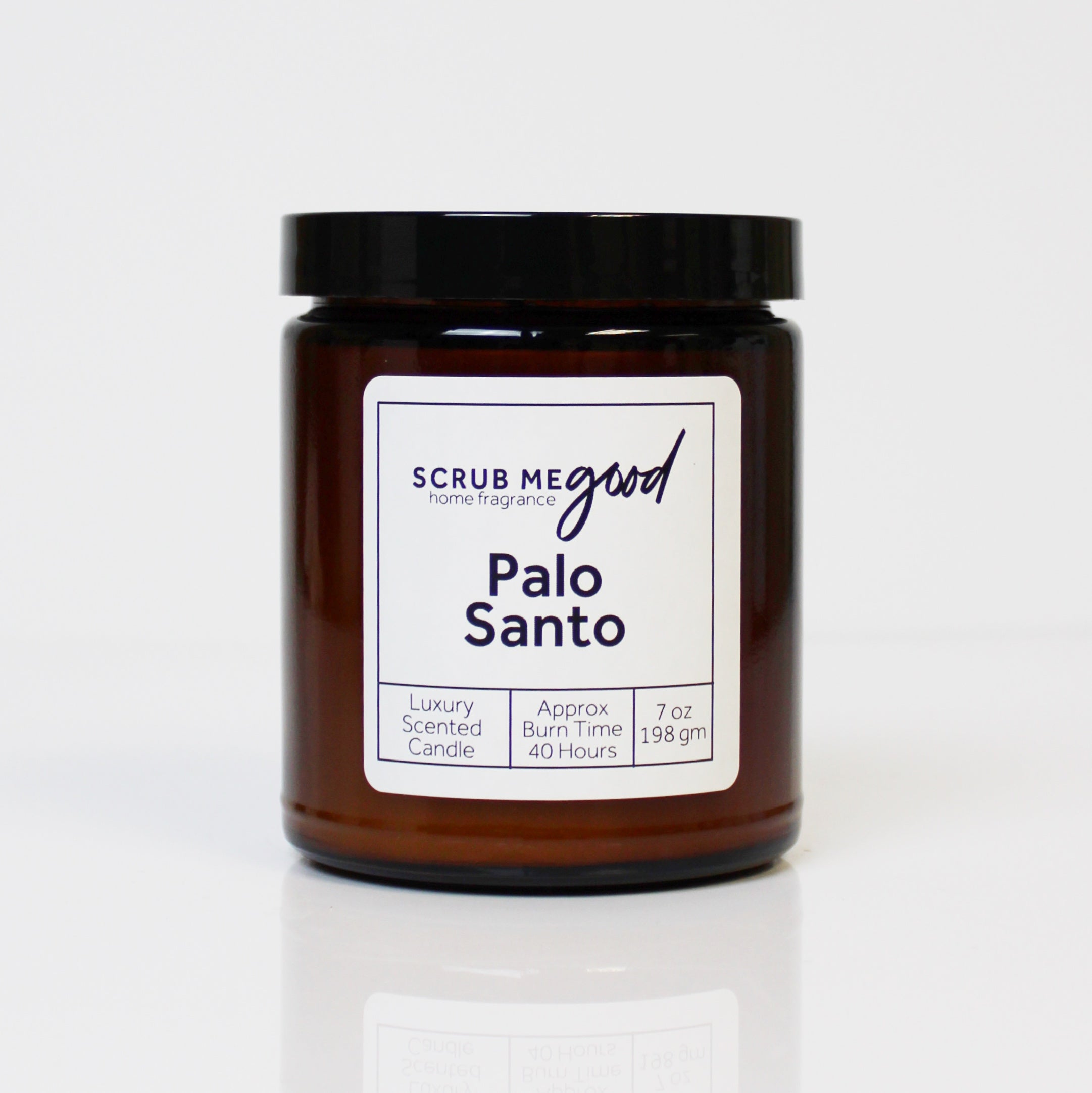 Palo Santo 7 oz wooden wick candle by Scrub Me Good with calming wood and warm amber notes.