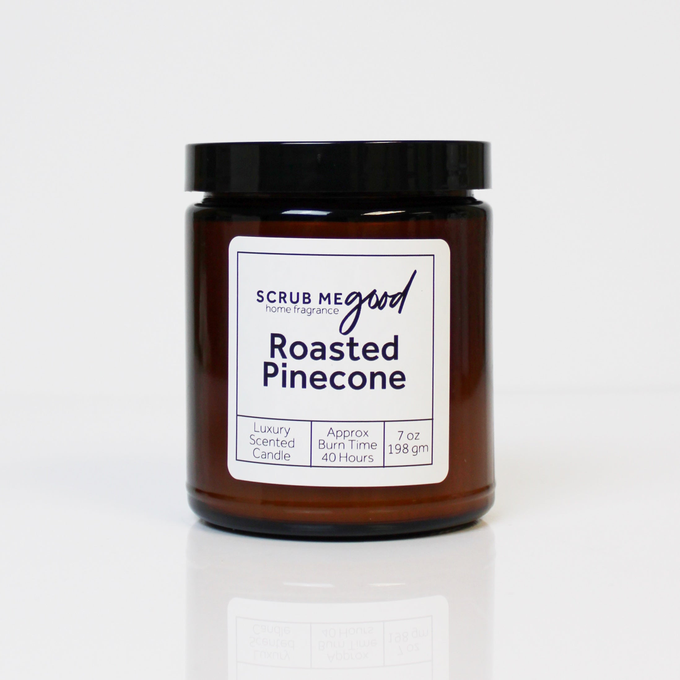Roasted Pine Cone 7 oz wooden wick candle by Scrub Me Good in sleek glass jar with sweet woodsy aroma.