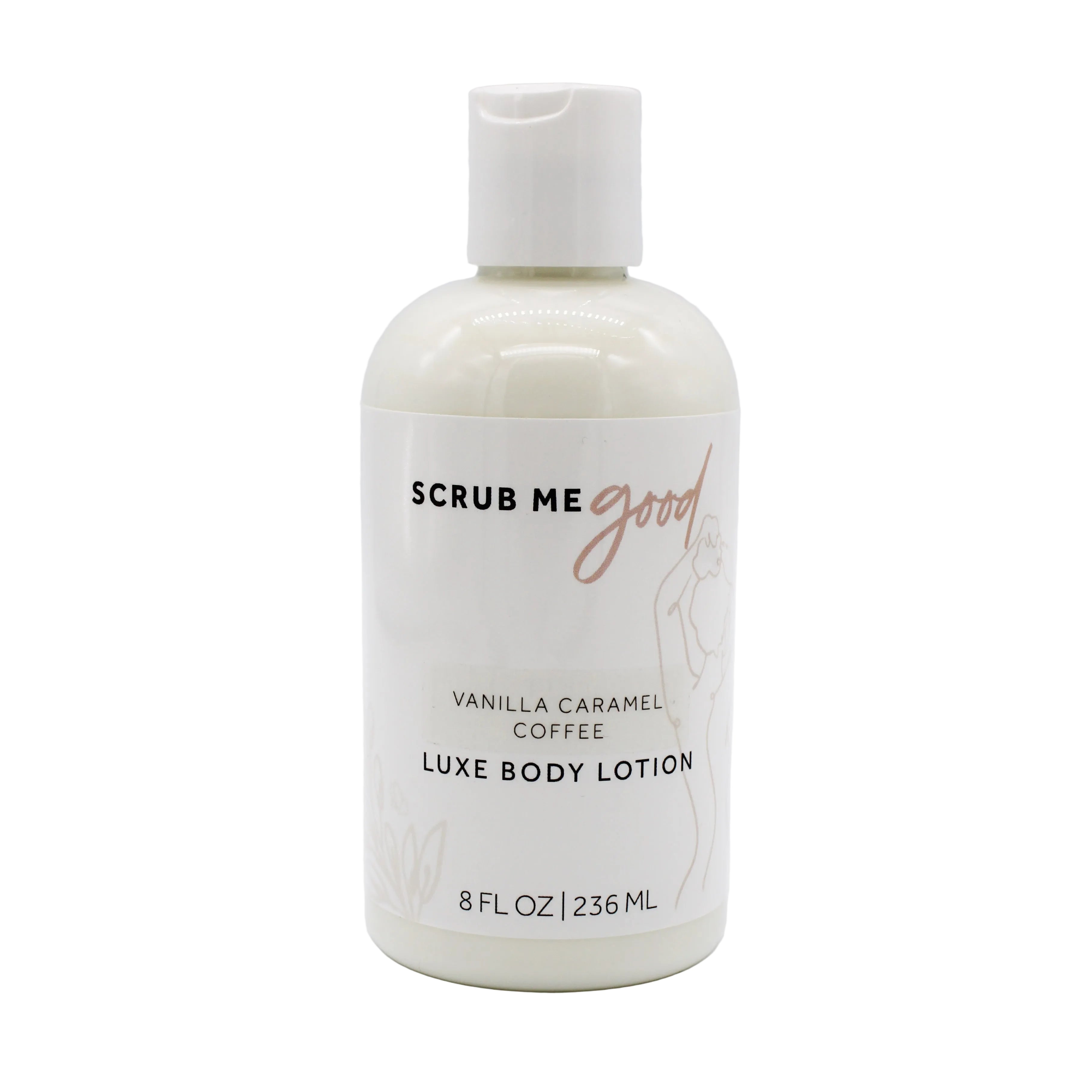 A bottle of Scrub Me Good Luxe Body Lotion in Vanilla Caramel Coffee scent, featuring a white bottle and cap with a white label and black and dusty rose text.