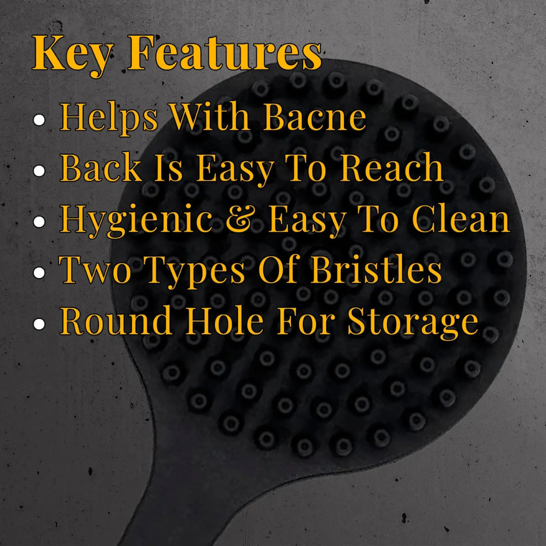 Graphic highlighting key features of a long-handle back scrubber brush, including reach and hygiene