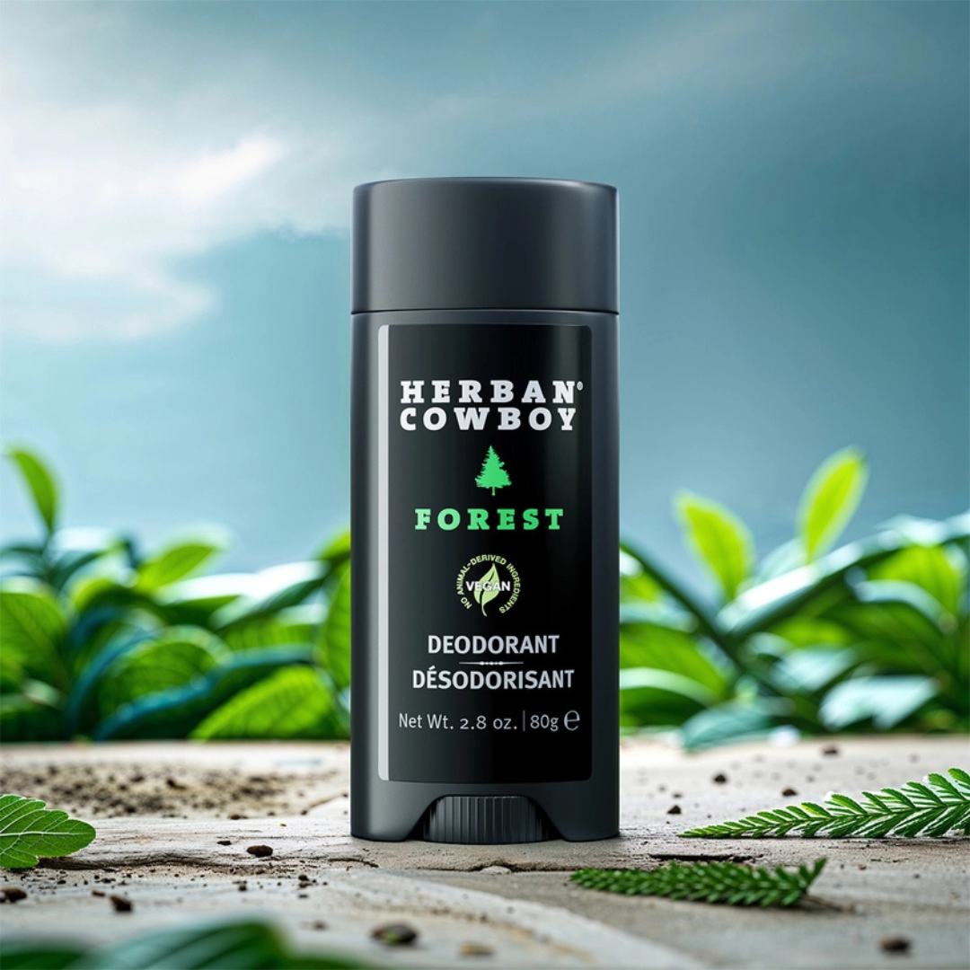Herban Cowboy Forest stick deodorant in a forest-inspired setting, plant-powered men’s deodorant with cedarwood and black pepper scent