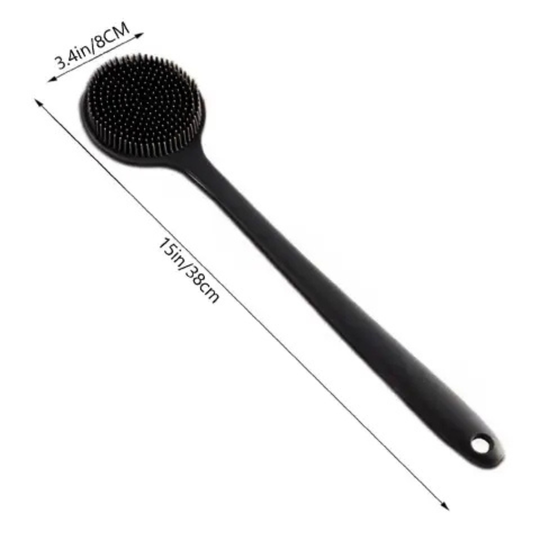 Black long-handle back scrubber brush showing 15-inch handle length and 3.4-inch brush head