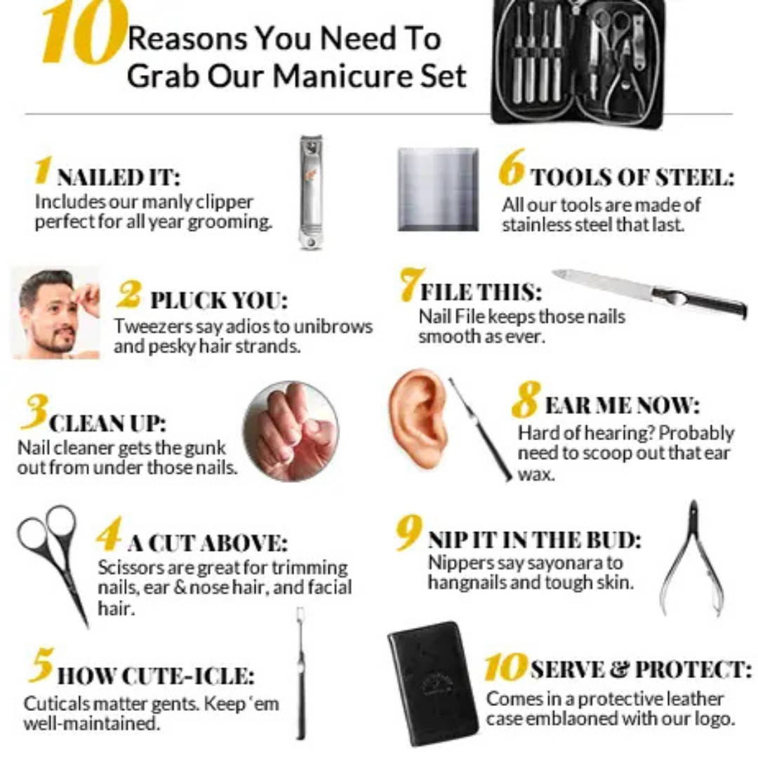 Infographic showing the features and uses of a men’s manicure set, including nail clipping, cuticle care, tweezing, filing, and ear cleaning tools.