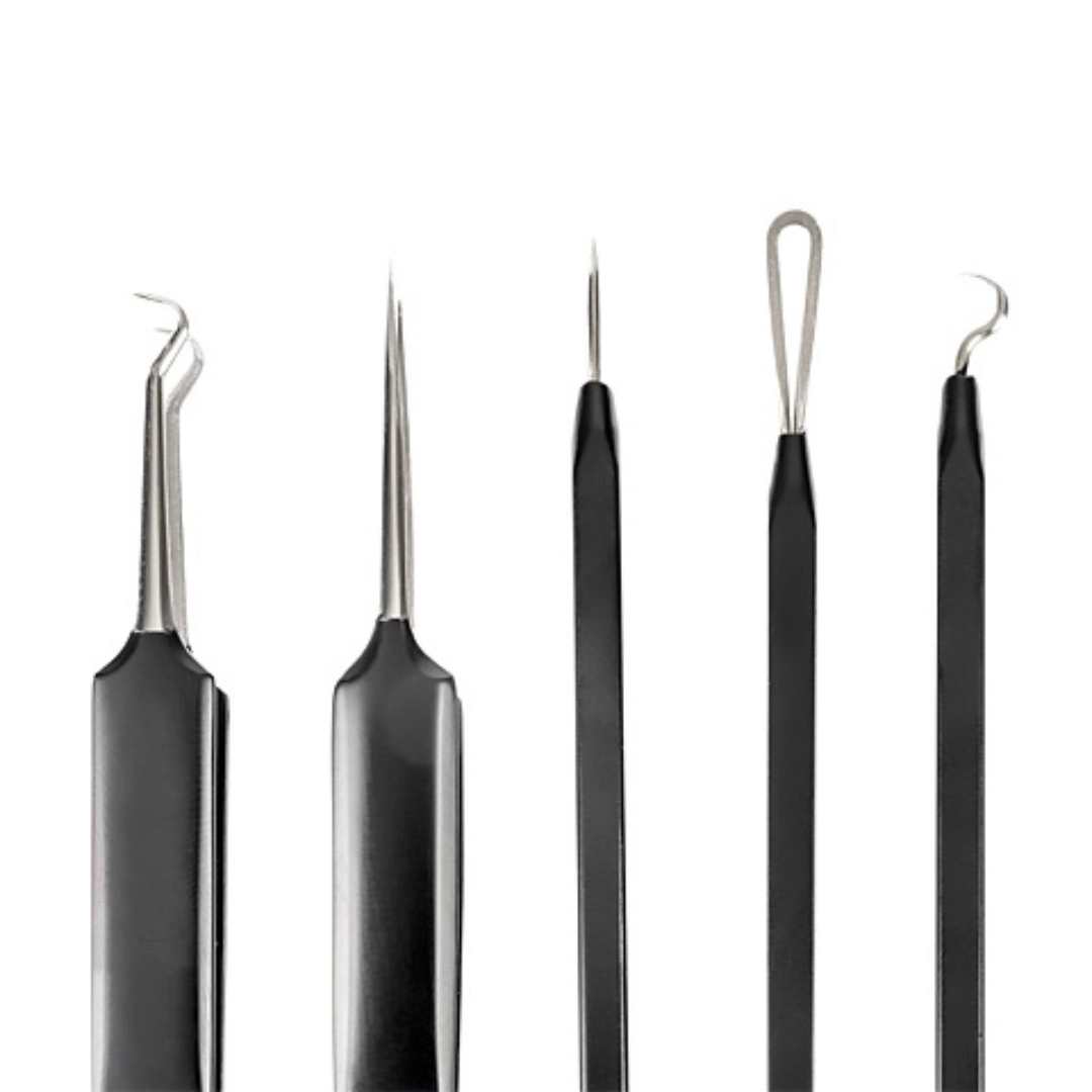 Close-up of individual Pete & Pedro acne and blackhead remover extraction tools